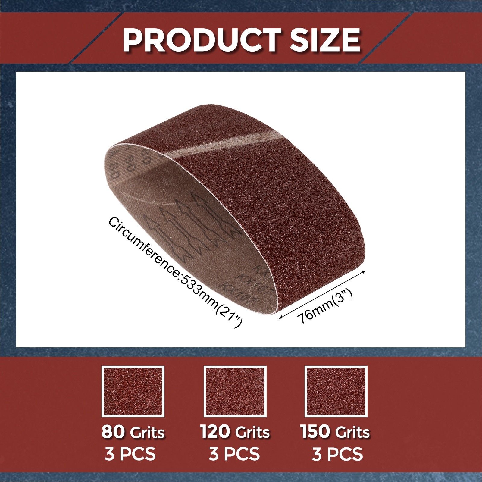 9 Pcs Sanding Belts 3 x 21 Inch 80/120/150 Grit Aluminum Oxide Abrasive