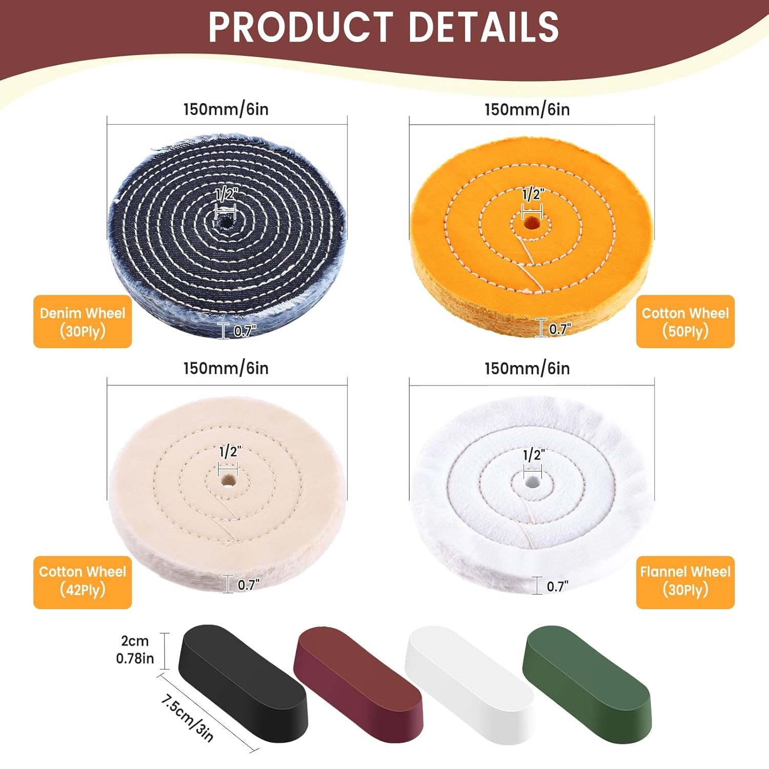 8PCS 6 Inch Buffing & Polishing Wheel Kit for Bench Grinder, 1/2″ Arbor Hole, De
