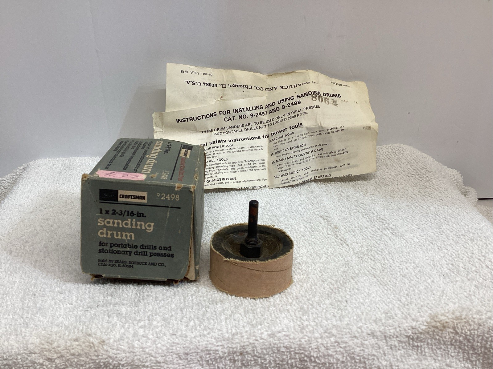 Vintage Sears Sanding Drum 9-2498 with Original Box & Instructions 2 3/16″