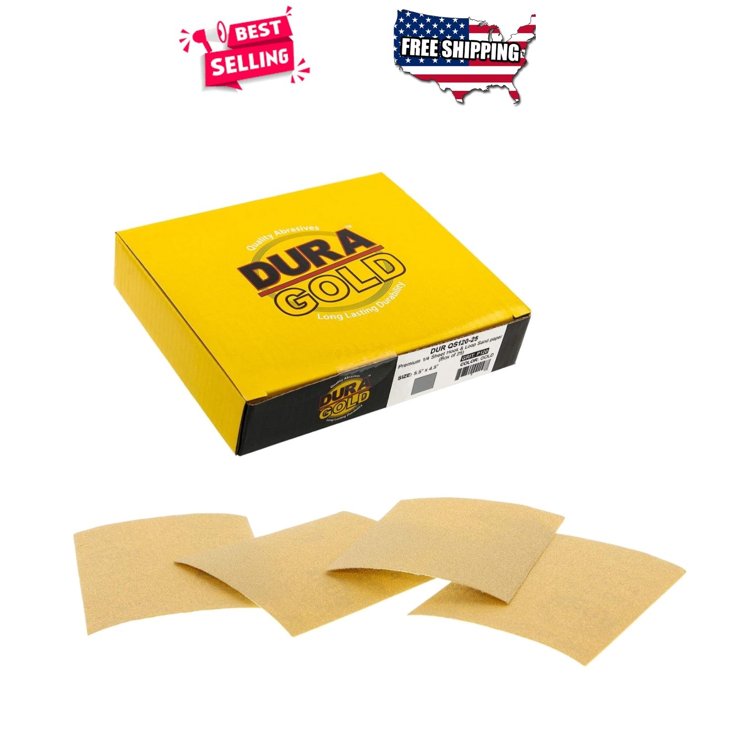 1/4 Sheet Sandpaper 120 Grit Gold Hook & Loop 4.5×5.5in 25 Pack For Palm Sanders