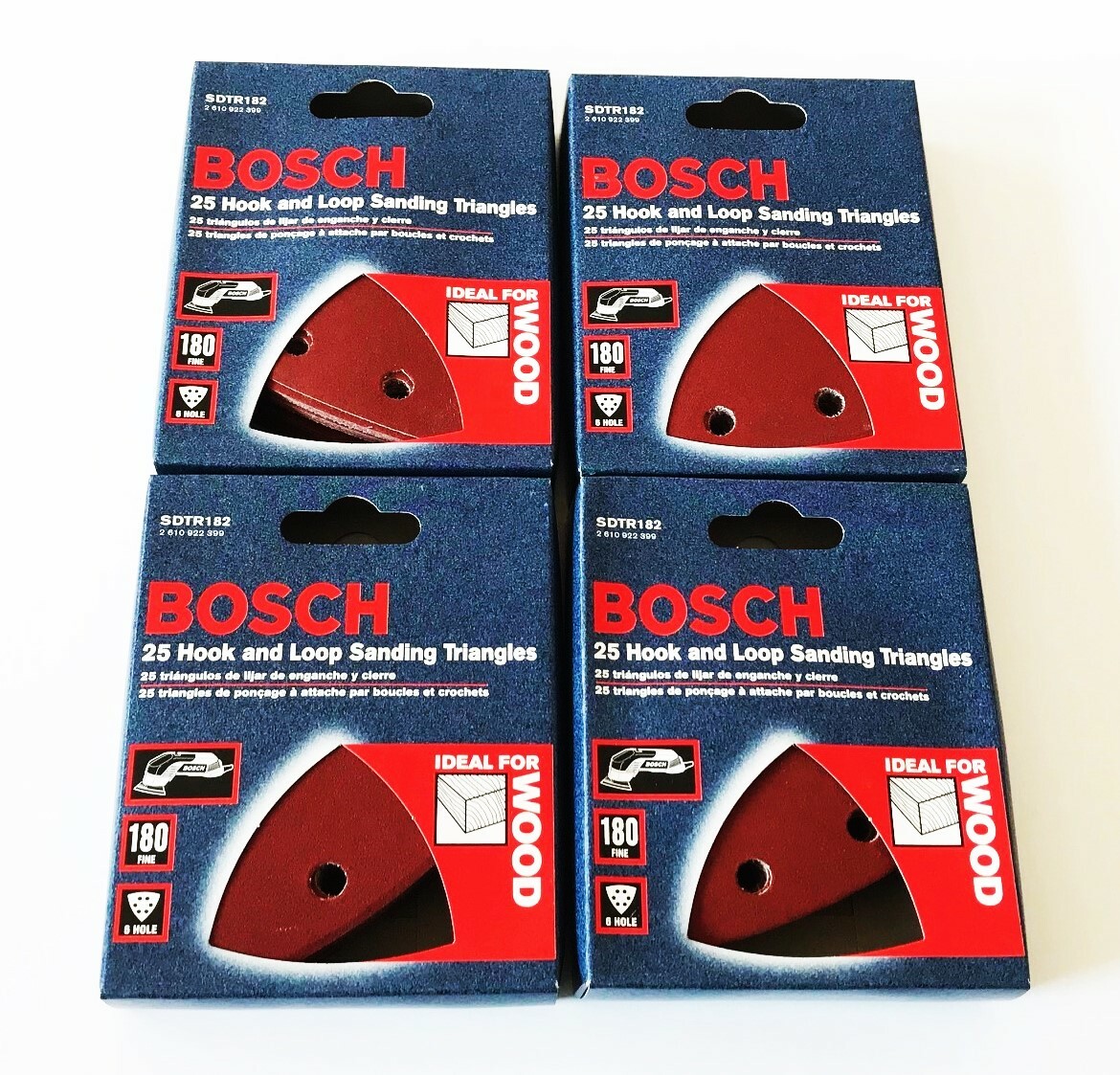 100 BOSCH HOOK AND LOOP SANDING TRIANGLES DISCS 180 GRIT 6 HOLE ITALY SDTR182