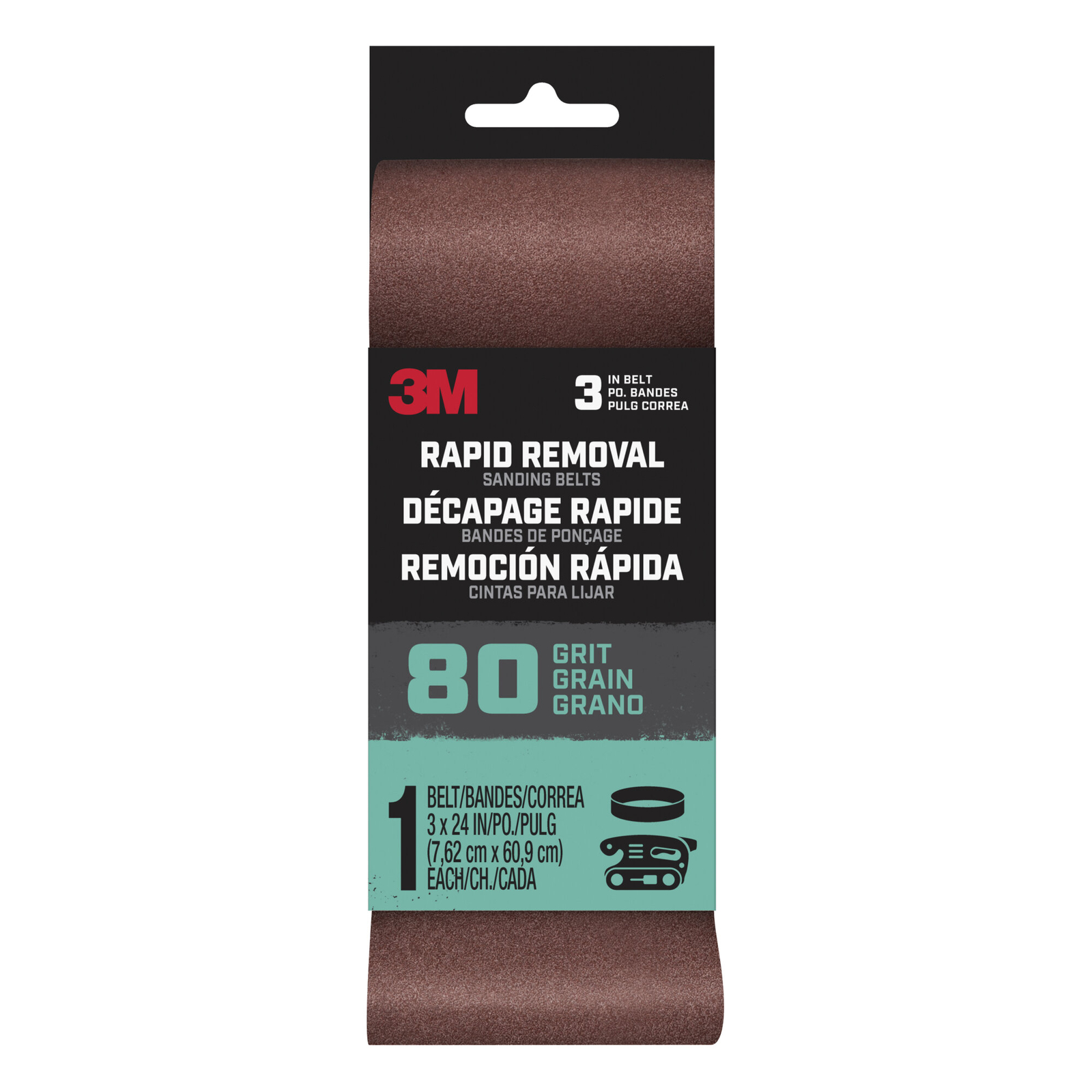 3M Rapid Removal 3 x 24 inch Power Sanding Belt, 80 grit,Belt3x241pk80, 1 pk