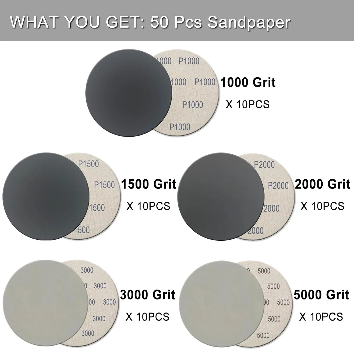 50Pcs 5 Inch Hook and Loop Sanding Discs, 1000/1500/2000/3000/5000 Grit Wet Dry