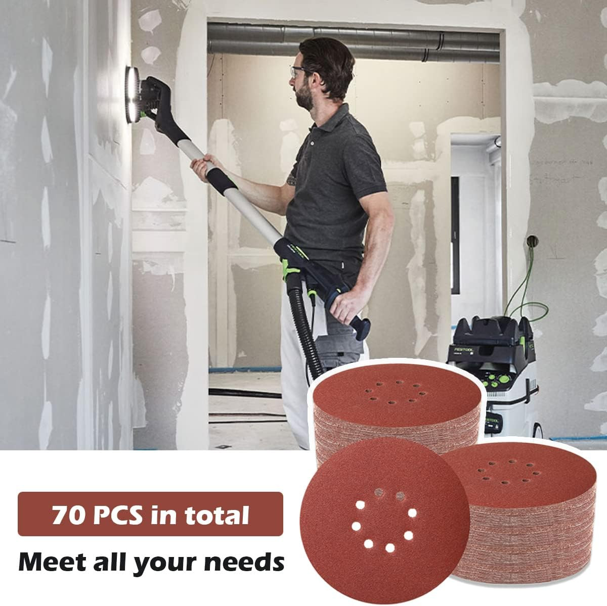 70 PCS 9 Inch Sanding Disc Hoop and Loop Sanding Disc Self Stick 8 Hole Sandp…