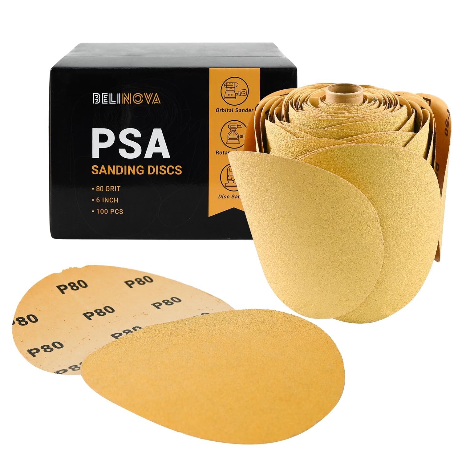 BELINOVA 100PCS 6 inch PSA Sanding Discs 80 Grit Self 80 Grit, 80 Grit-yellow
