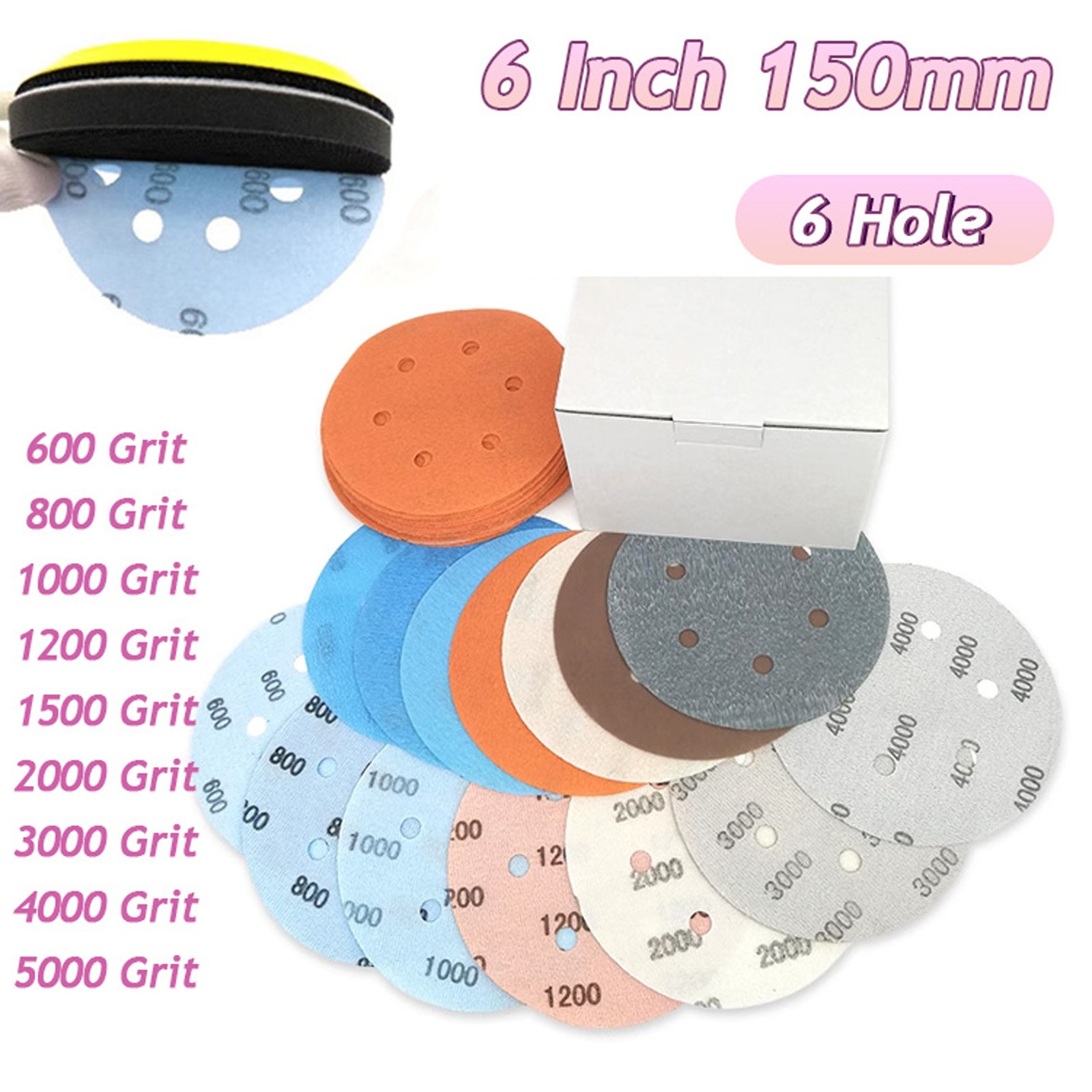 150mm Sanding Discs Wet And Dry 6 Inch Sandpaper Film Pads 600-4000 Grit 6 Hole