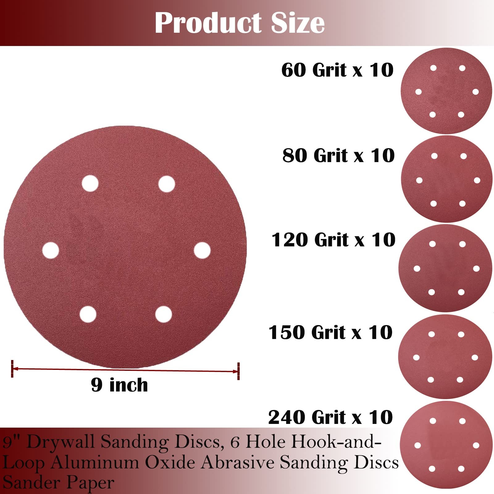 Tonmp 50 PCS 9 Inch 6 Hole Drywall Sanding Discs Set -10 Each of 60 80 120…