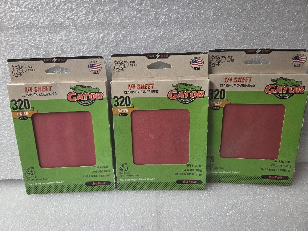 (3-PACK) GATOR 25 SHEETS 1/4 SHEET(4 1/2″ X 5 1/2″) 320-GRIT CLAMP ON SANDPAPER