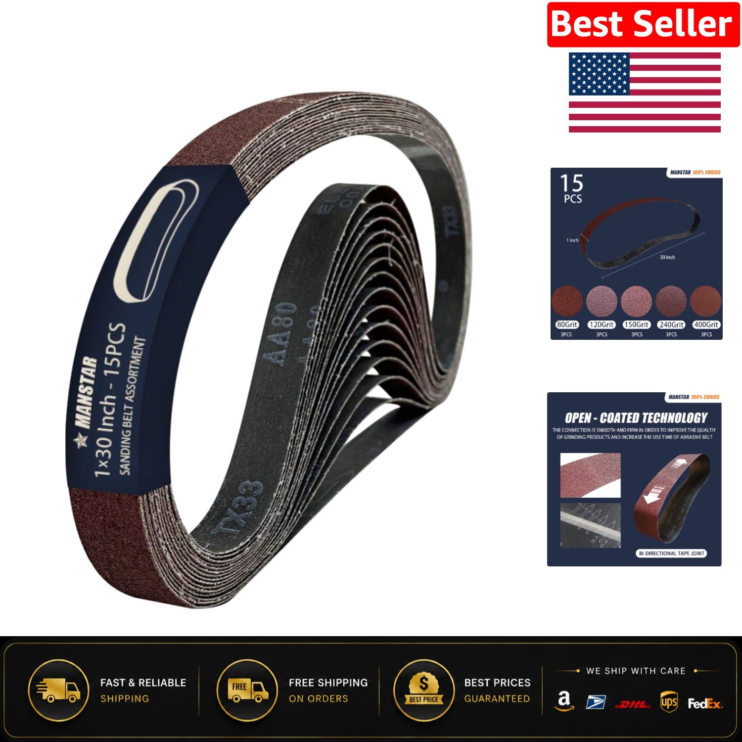High-Performance 15 Pcs Sanding Belts – 1×30 inch with 80/120/150/240/400 Grits