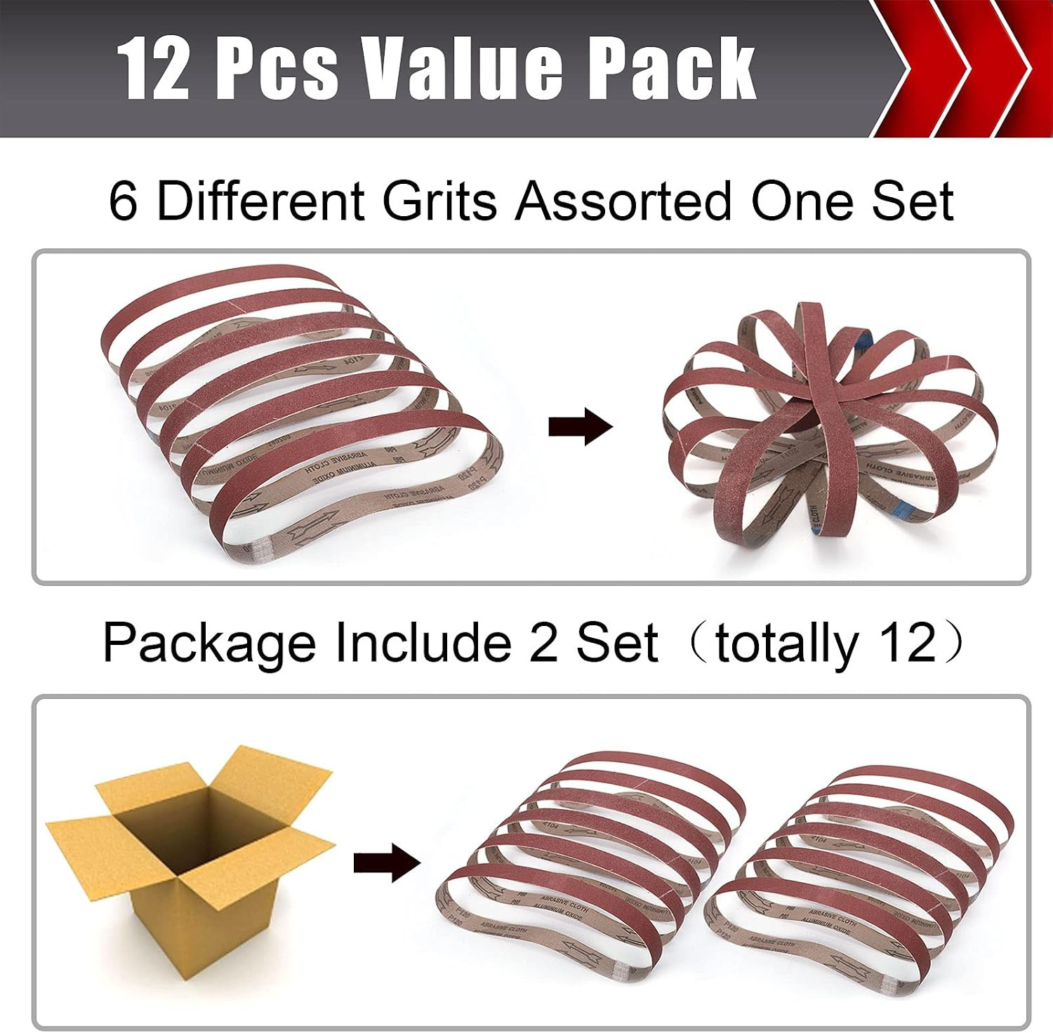12 Pcs 1″X30″ Sanding Belts, 60/80/120/180/240/400 Grit Aluminum