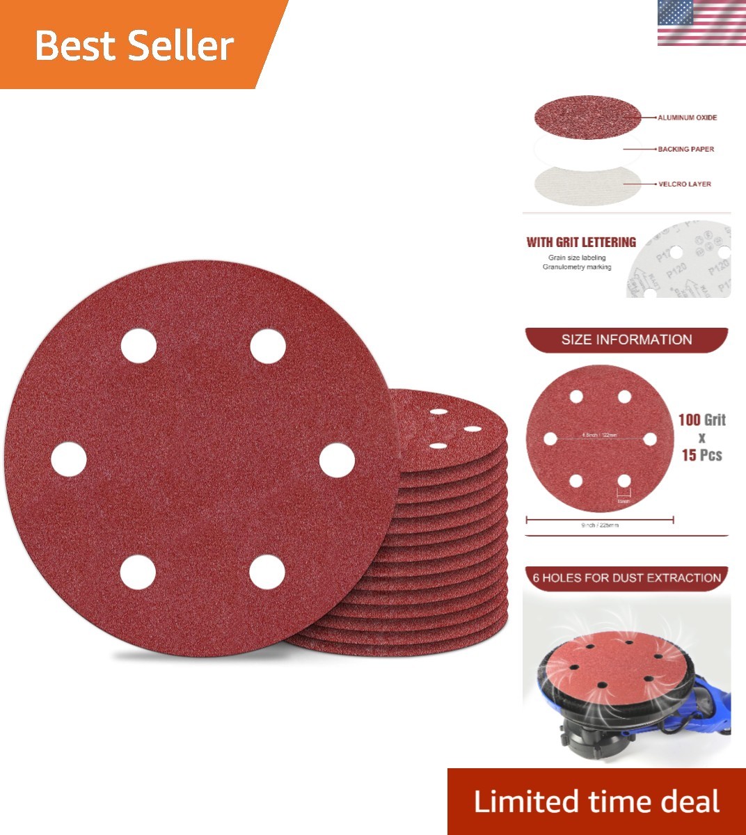 9 Inch 6 Hole Sanding Discs 180 Grit Hook and Loop for Drywall Sander 15PCS