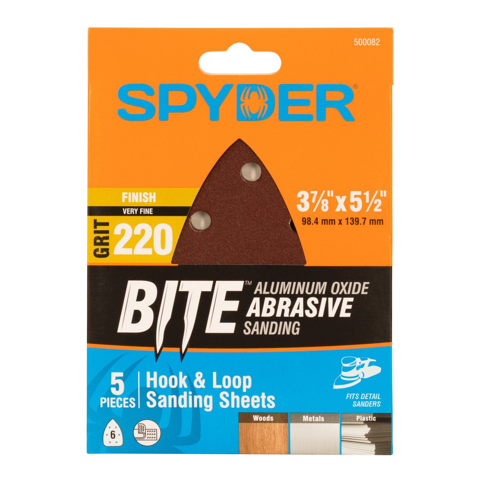 Spyder 3-7/8 in x 5-1/2 in x 6-Hole 220 Grit Detail Sanding Sheets 5-Pack 500082