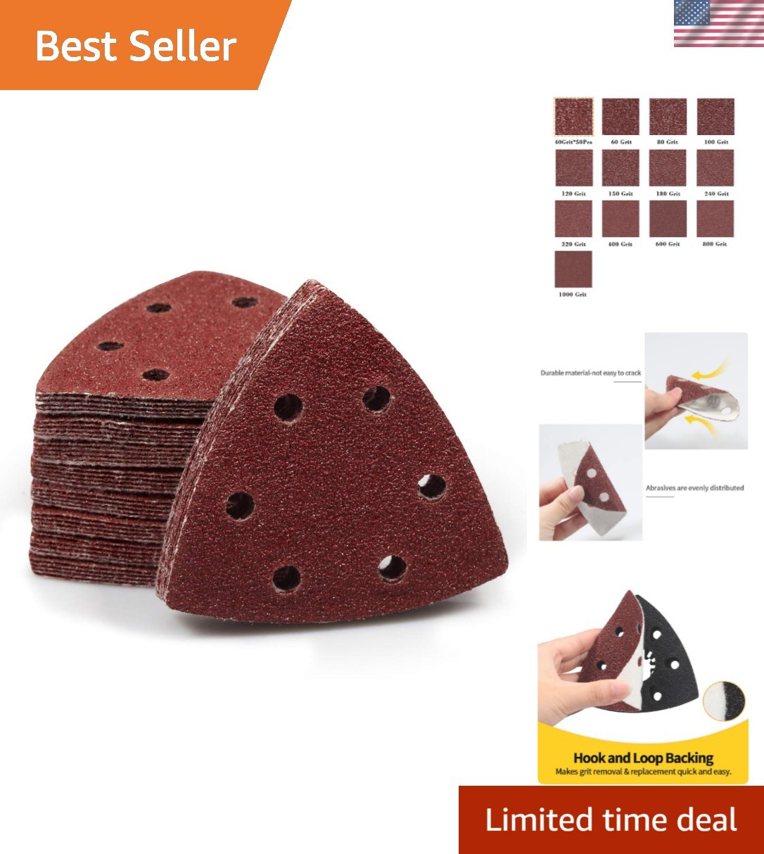 Versatile 90mm Hook & Loop Triangle Sanding Pads – 50 Pcs, 40 Grit Finish