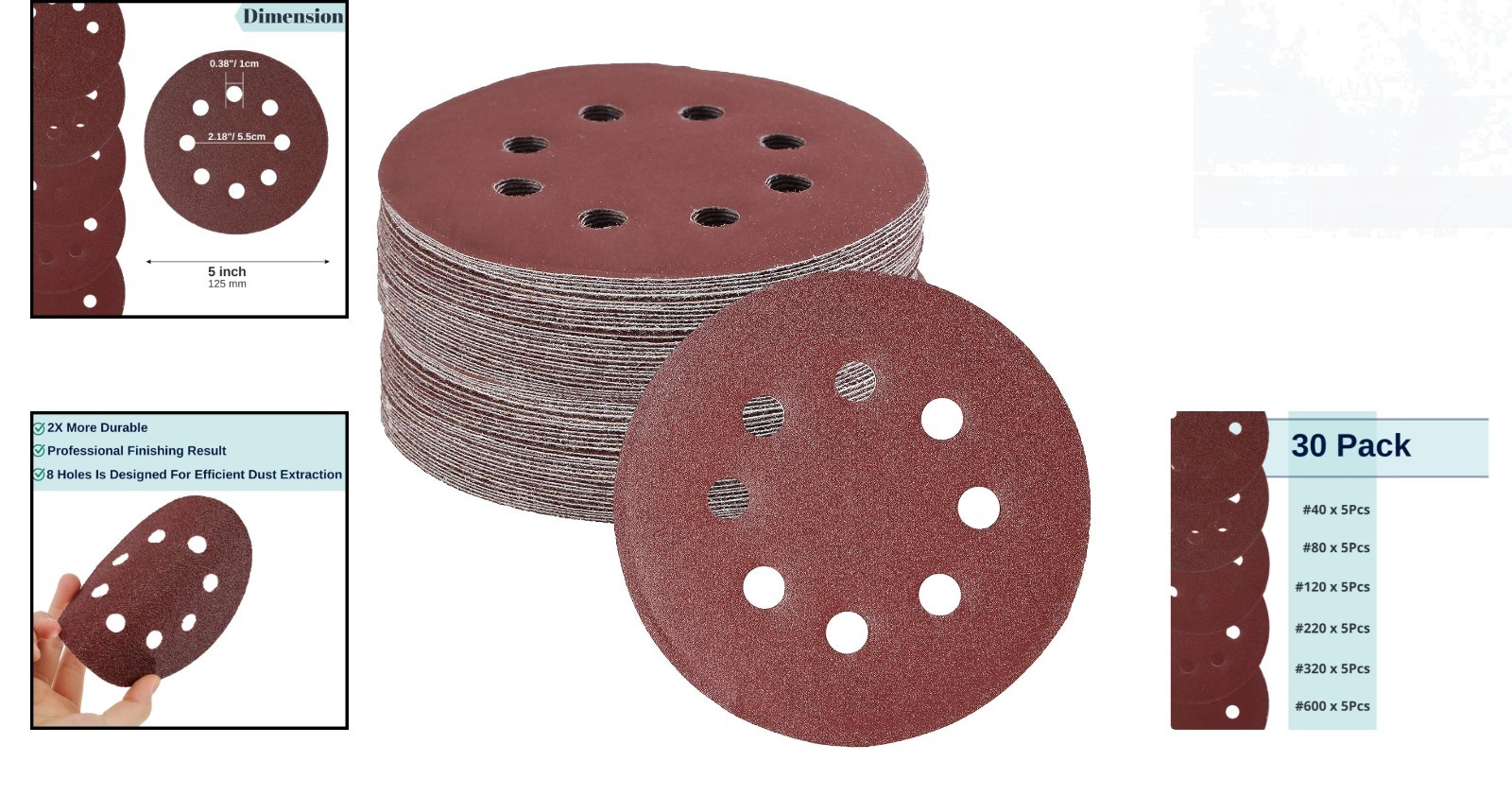 Efficient Dust Extraction 5-Inch Sanding Discs – 30 Pack with Assorted Grits