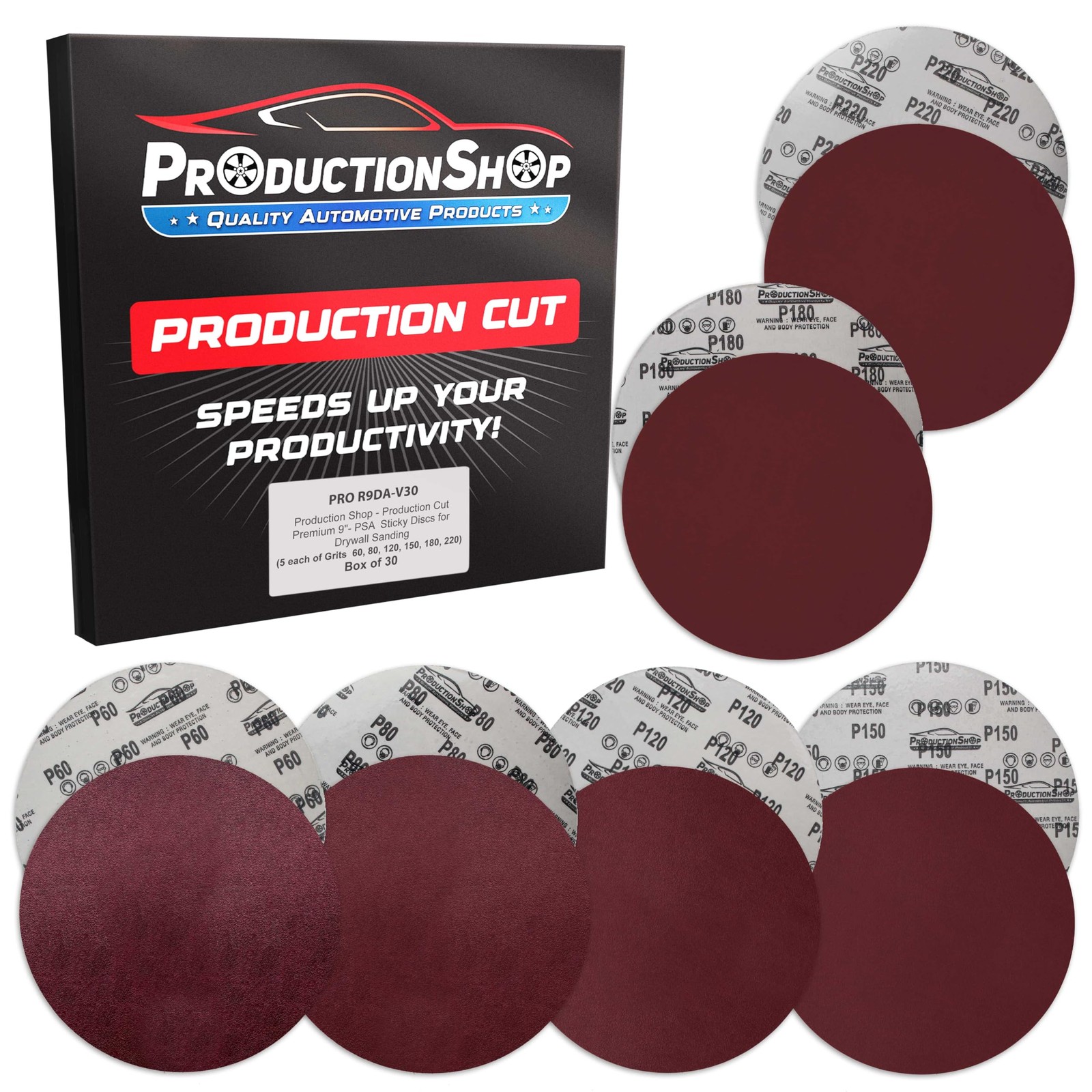 9in PSA Sanding Discs 30 Pack 60-220 Grit Sticky Back Sandpaper Variety