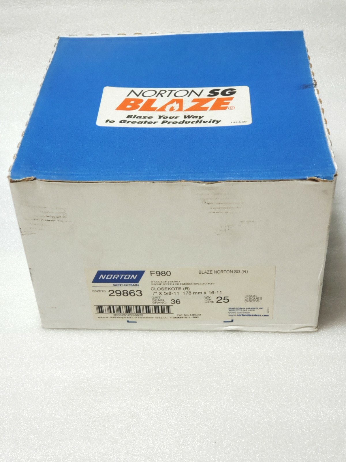 25Pcs Norton 7″ X 5/8-11 Blaze F980 Speed Change Fiber Disc 36 Grit 66261029863