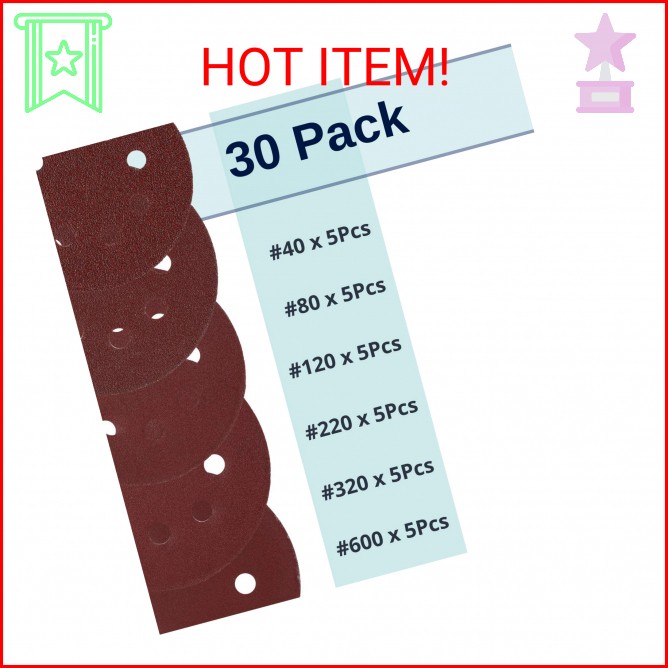 Bates- Sanding Discs 5 Inch 8 Hole, 30 Pack, Assorted Grits 40 80 120 220 320 60