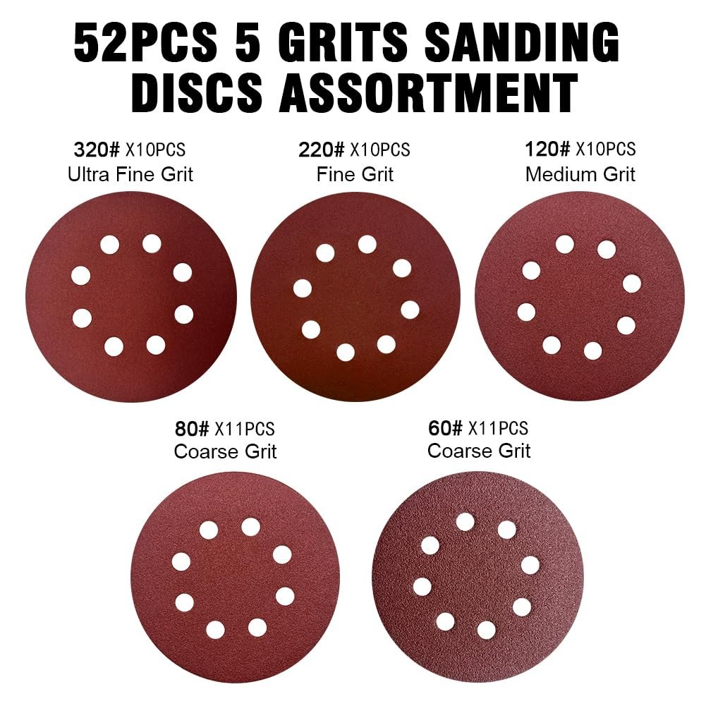 52 Pack 5″ Hook and Loop Sanding Discs for Orbital Sanders – Mixed Grits