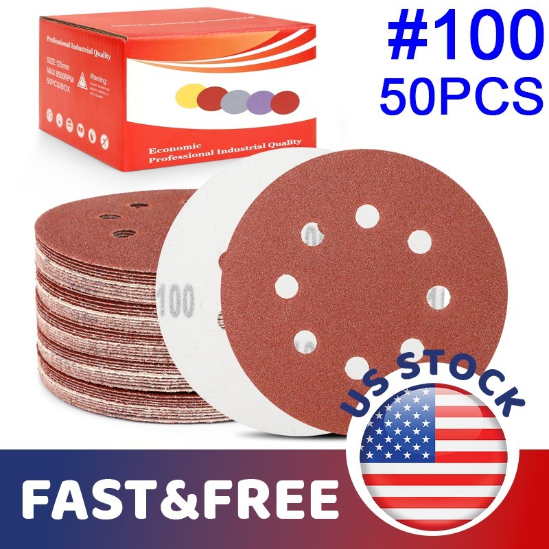 Heavy Duty 100 Grit 5 Inch 8 Hole Sanding Discs 50Pc Hook Loop Flocked Sandpaper