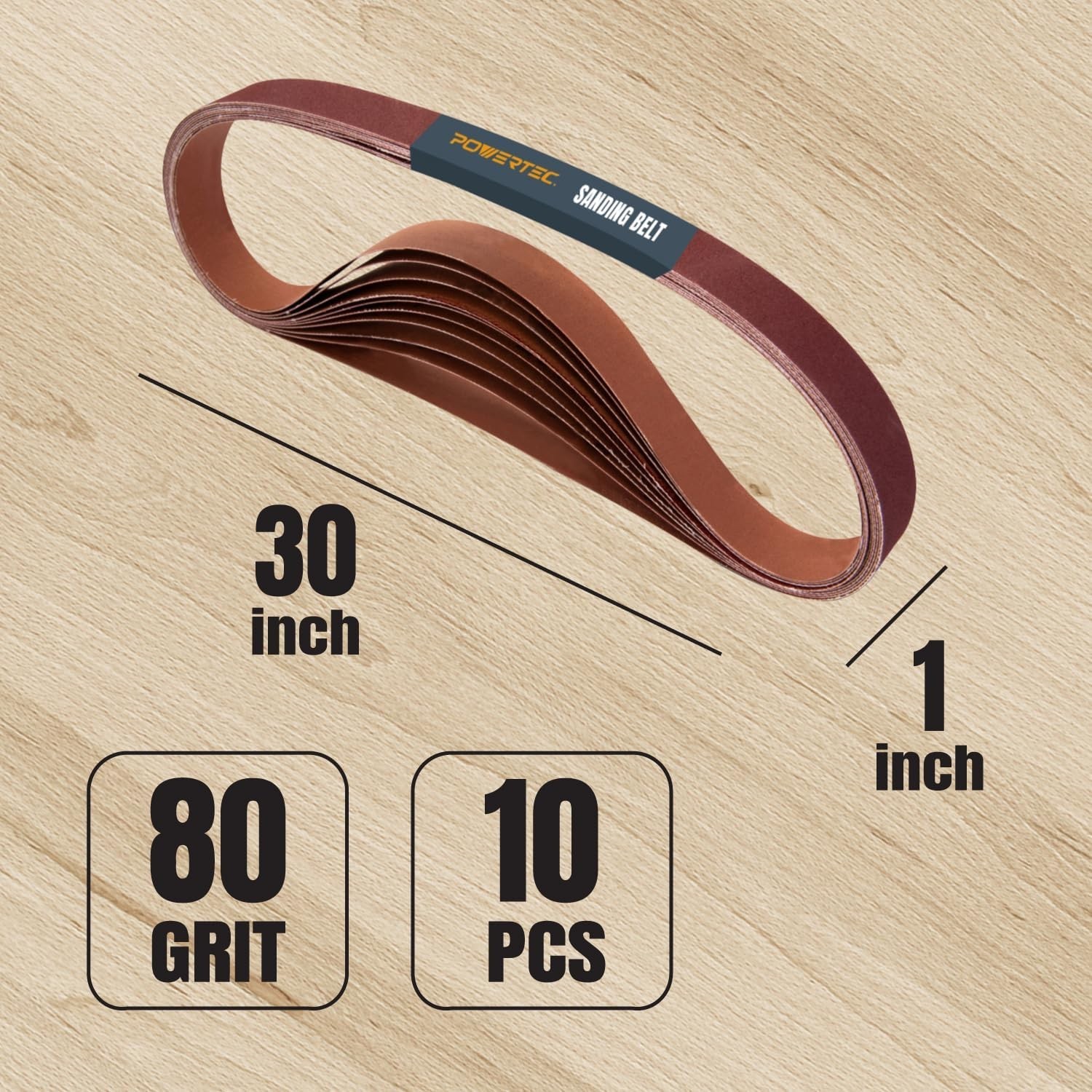 POWERTEC 1 x 30 Inch Sanding Belts, 80 Grit Aluminum Oxide Sandpaper, 10-Pack