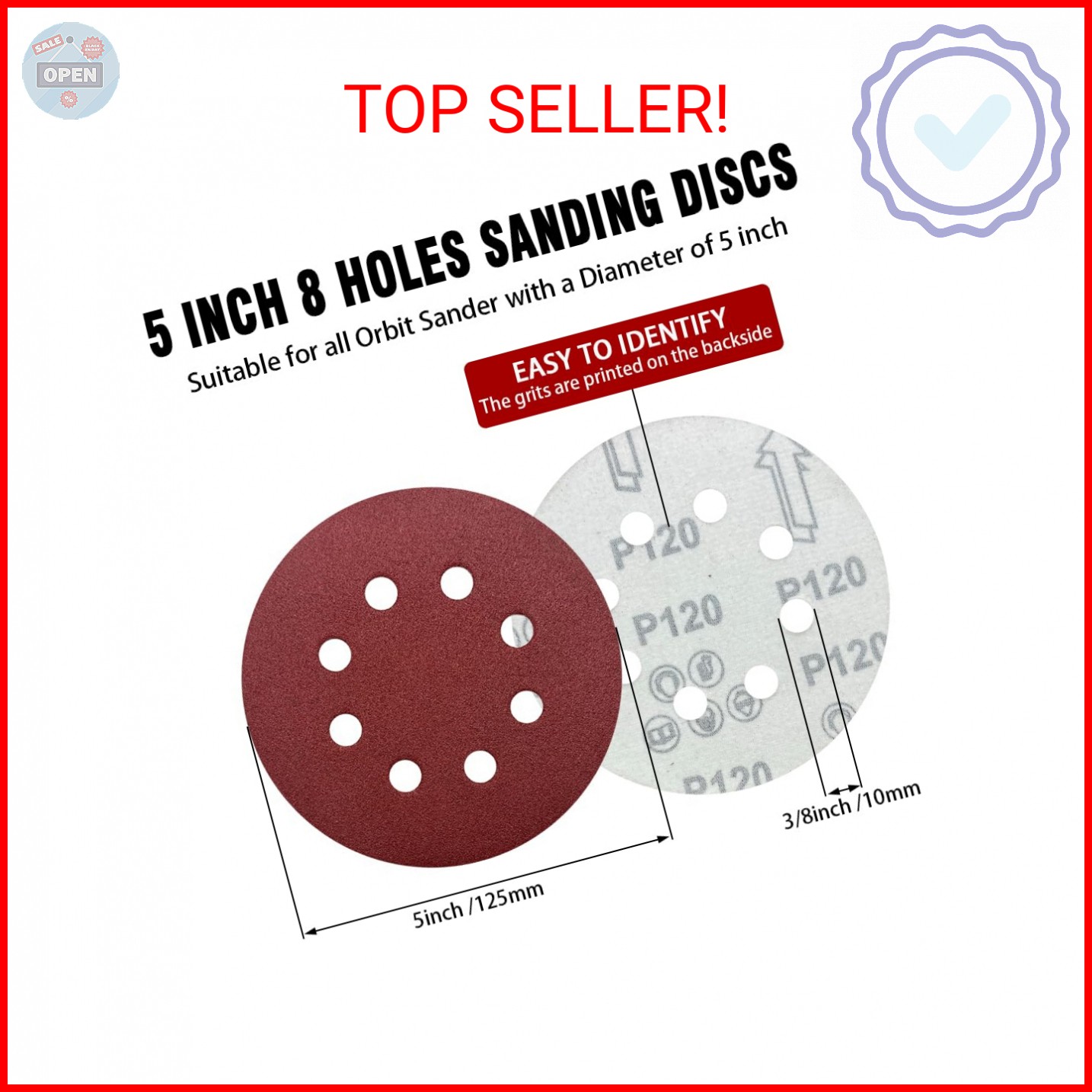 52 Pack 5 Inch 8-Hole Hook and Loop Sanding Discs Sandpaper Red Round 60 80 120