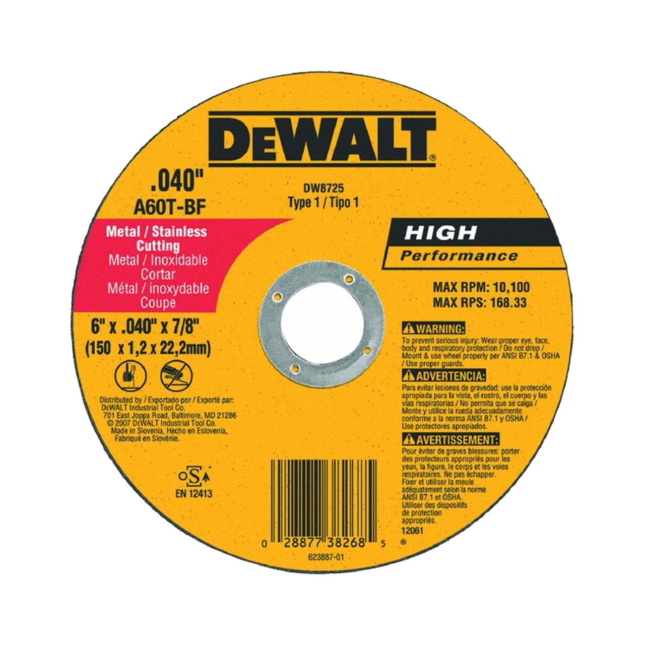 Dewalt DW8725 6″ x .040″ x 7/8″ Metal and Stainless Cutting – 25 PK