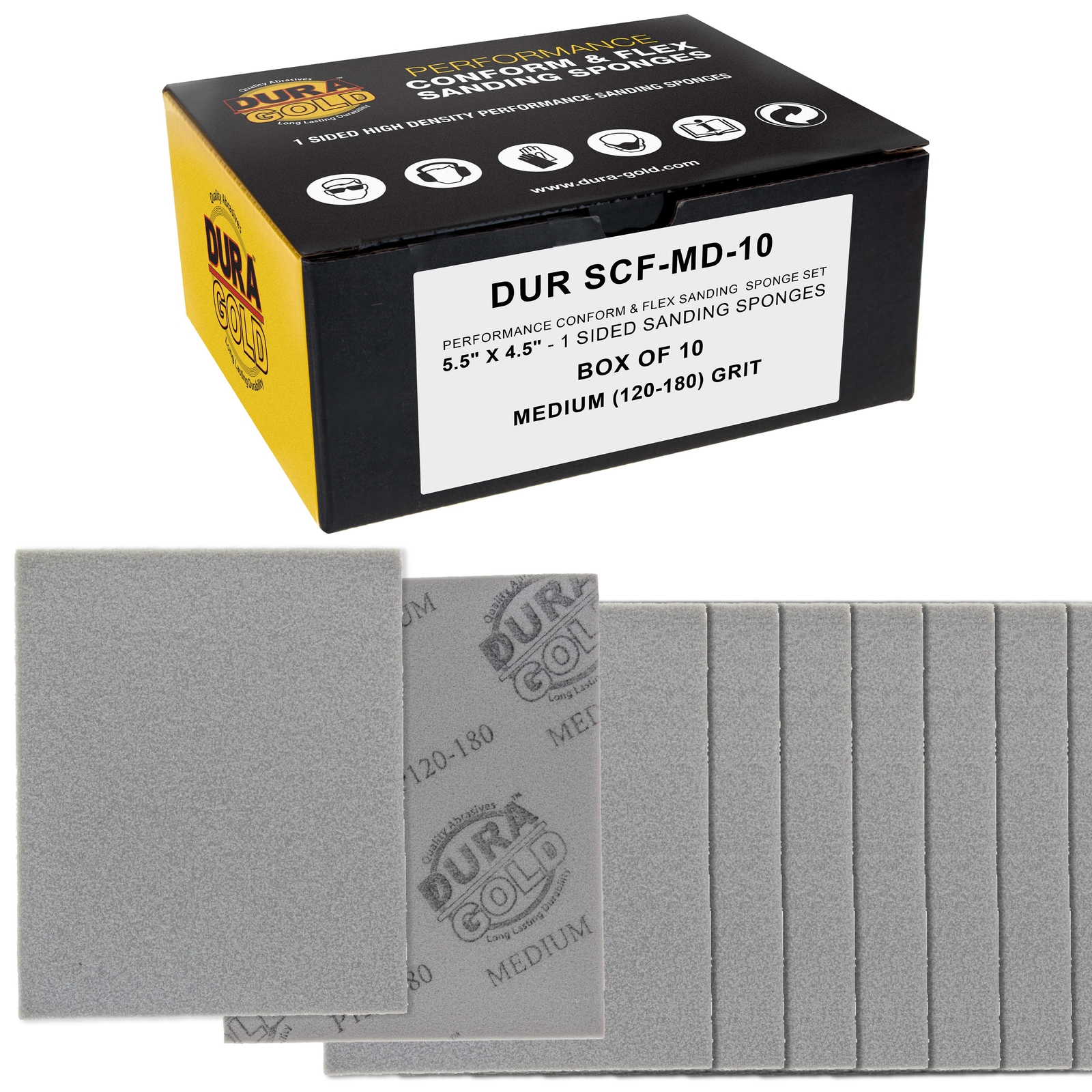 Medium Cut Sanding Sponges, 10/Box – 5.5″ x 4.5″ (120 to 180 Grit) Wet/Dry