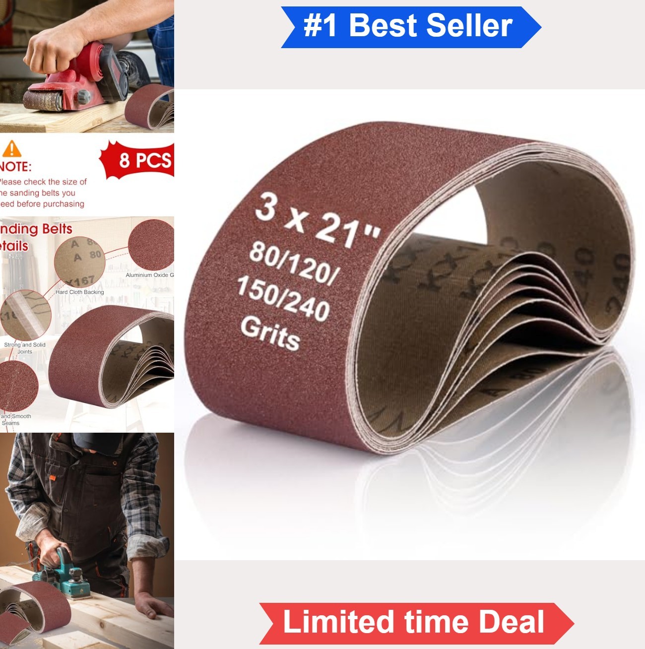 Belt Sander Paper 3×21 Sanding Belts 8 Pack 80 120 150 240 Grit Aluminum Oxide