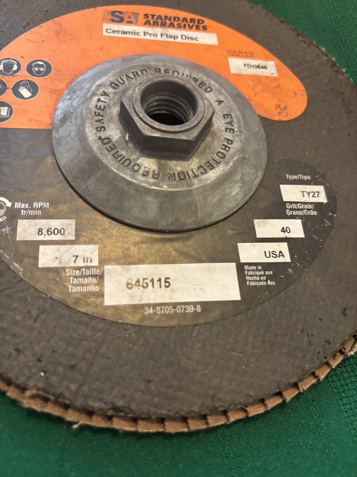 Standard Abrasives Ceramic Flap Disc 8600 RPM 7” 40 Grit TY27 Grinding Wheel.
