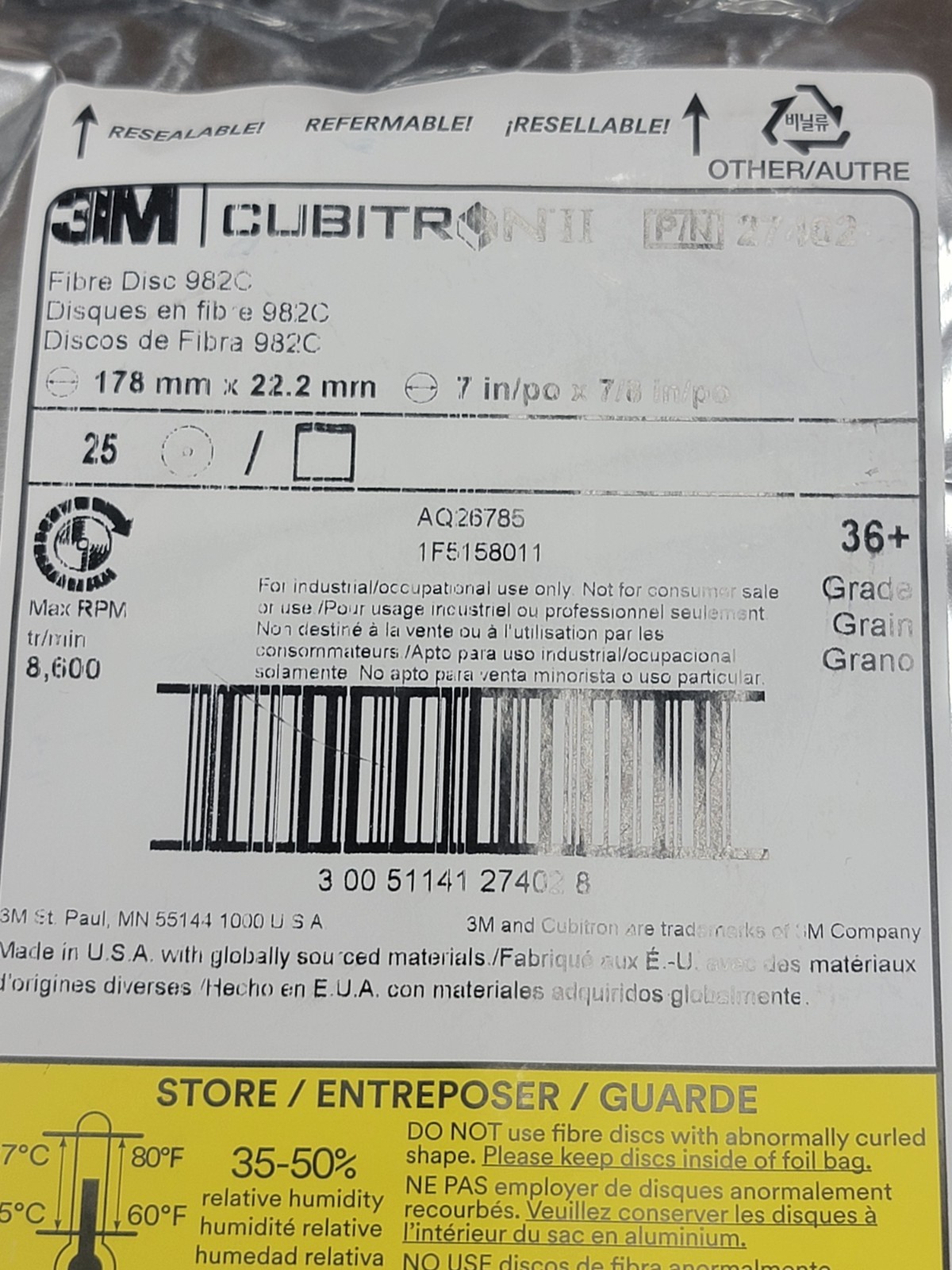 3M Cubitron II Fibre Disc 982C, 36+, 7 in x 7/8 in, Die700BB, 25/Bag.FreeShipL48