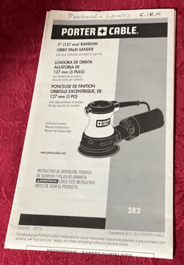 Porter Cable 5” Random Orbit Palm Sander Instruction Manual 382 GUC