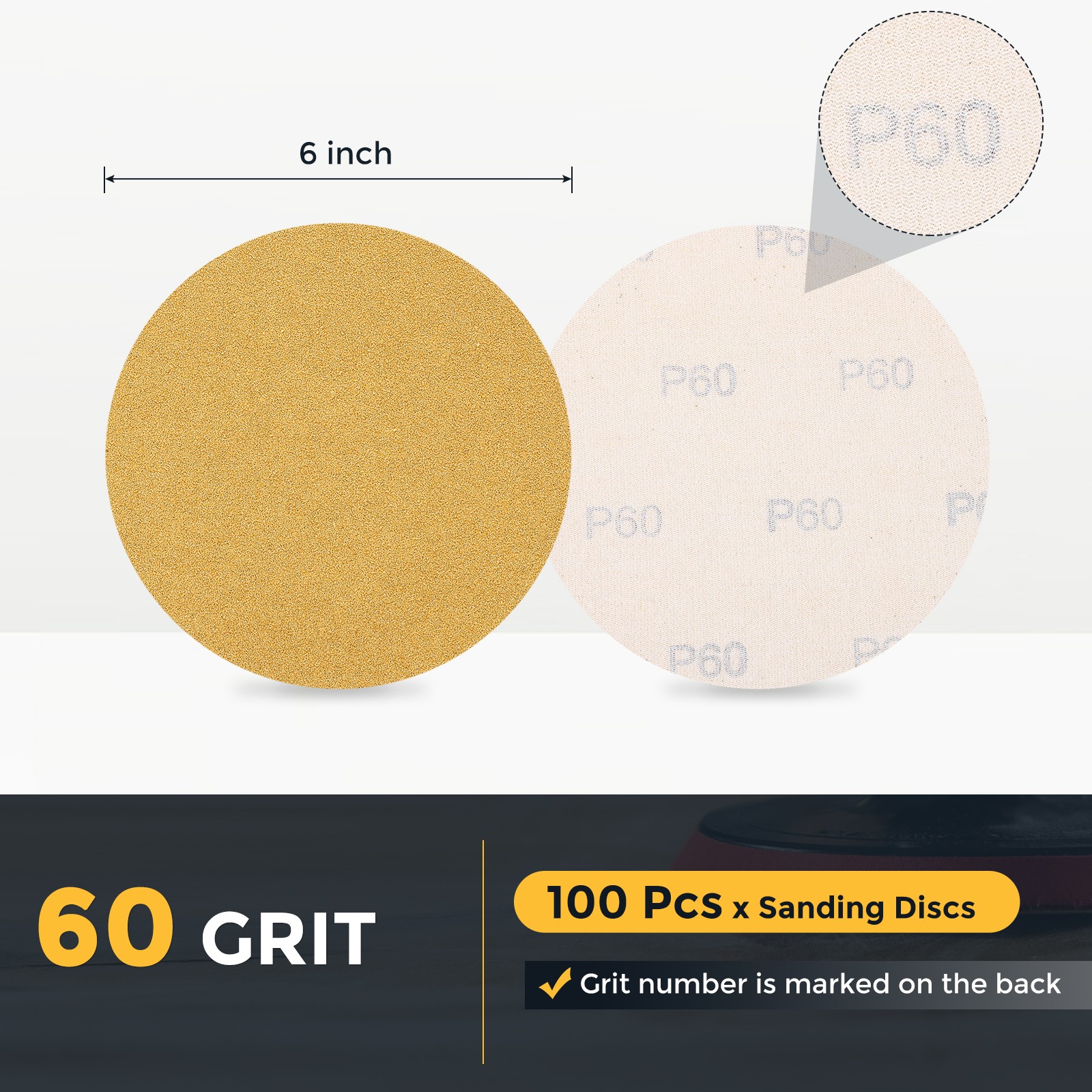 100 Pcs 6 Inch Sanding Disc 60 Grit Hook and Loop Sandpaper, Gold