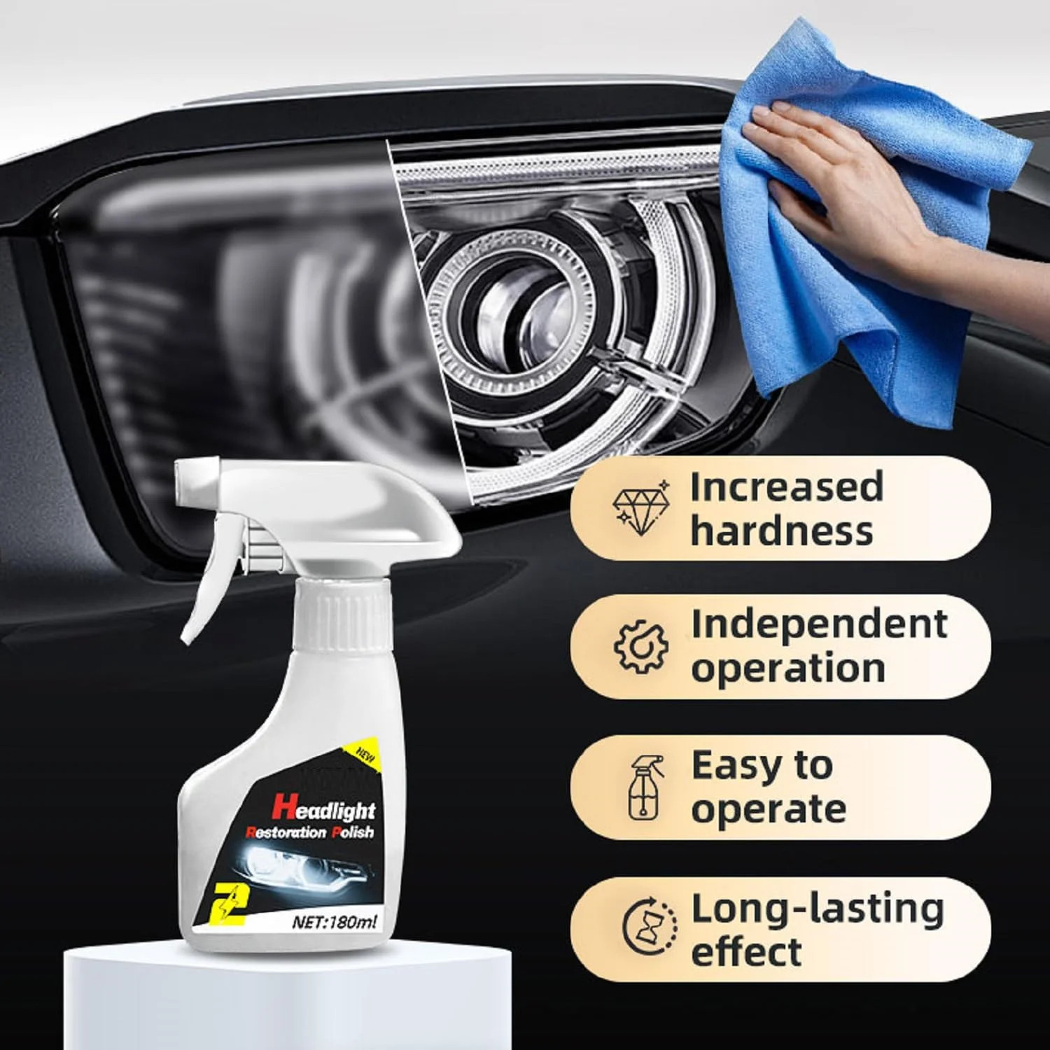 Car Headlight Restoration Kit, Quick & Simple Spray-On Formula for Oxidized