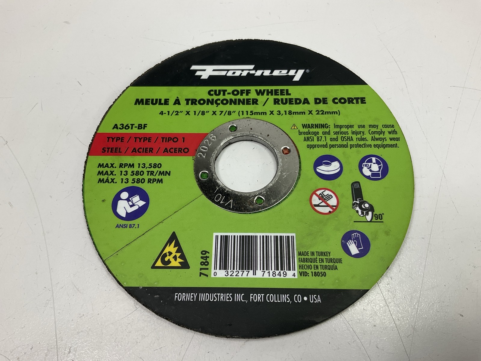 Forney 71849 Aluminum Oxide 46-Grit Cut-Off Wheel, 4-1/2″ Diameter, 1/8″ Thick