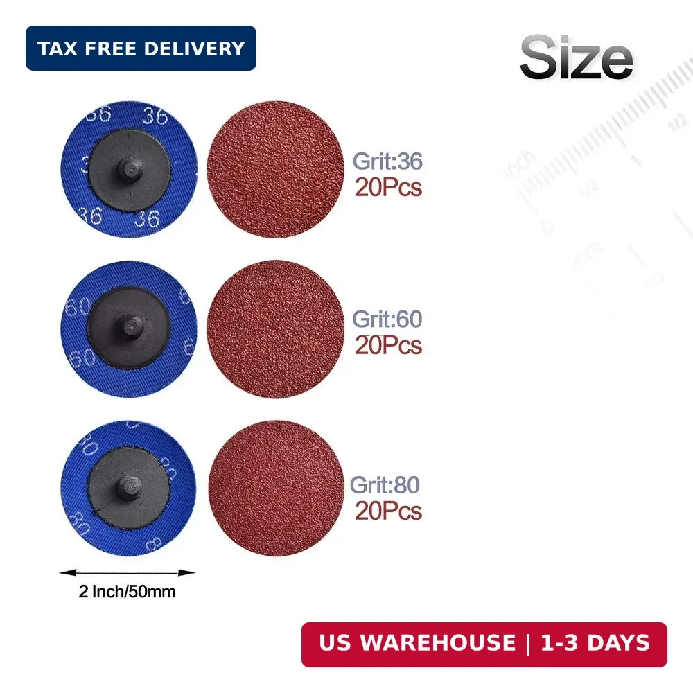 Quick Change Twist on Disc, 60 Pcs 36/60/80 Grit 2 inch Sanding Discs Alum