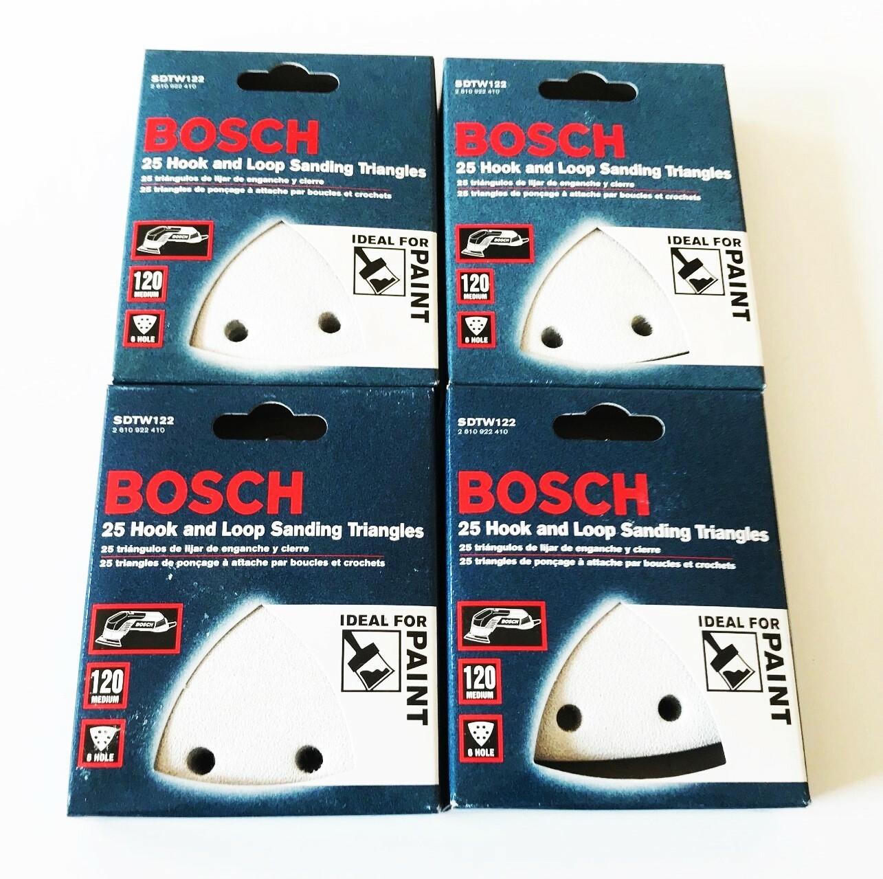 100 BOSCH HOOK AND LOOP SANDING TRIANGLES DISCS 120 GRIT 6 HOLE ITALY SDTW122