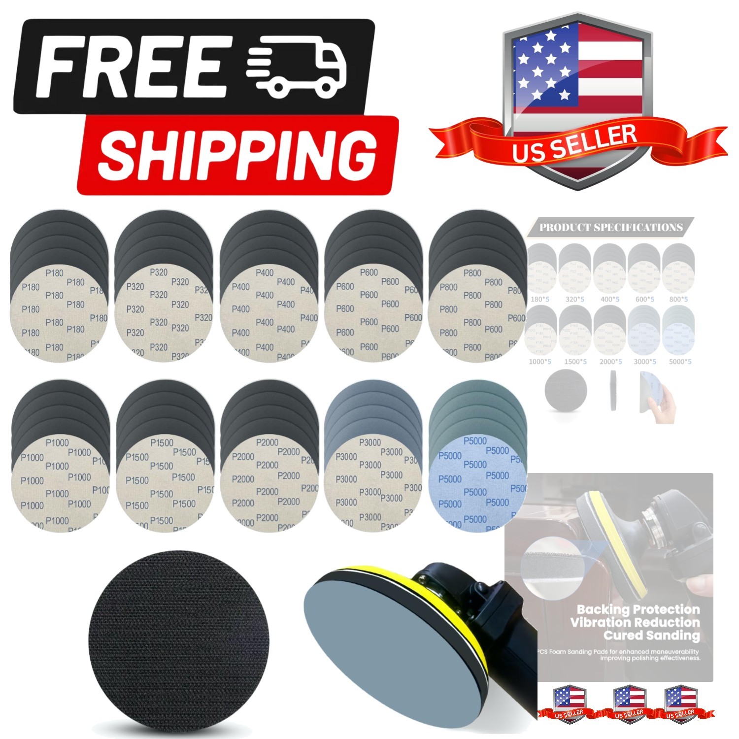 5 Inch 51pcs Wet Dry Sanding Discs Hook and Loop Foam Backing Pad, Waterproof…