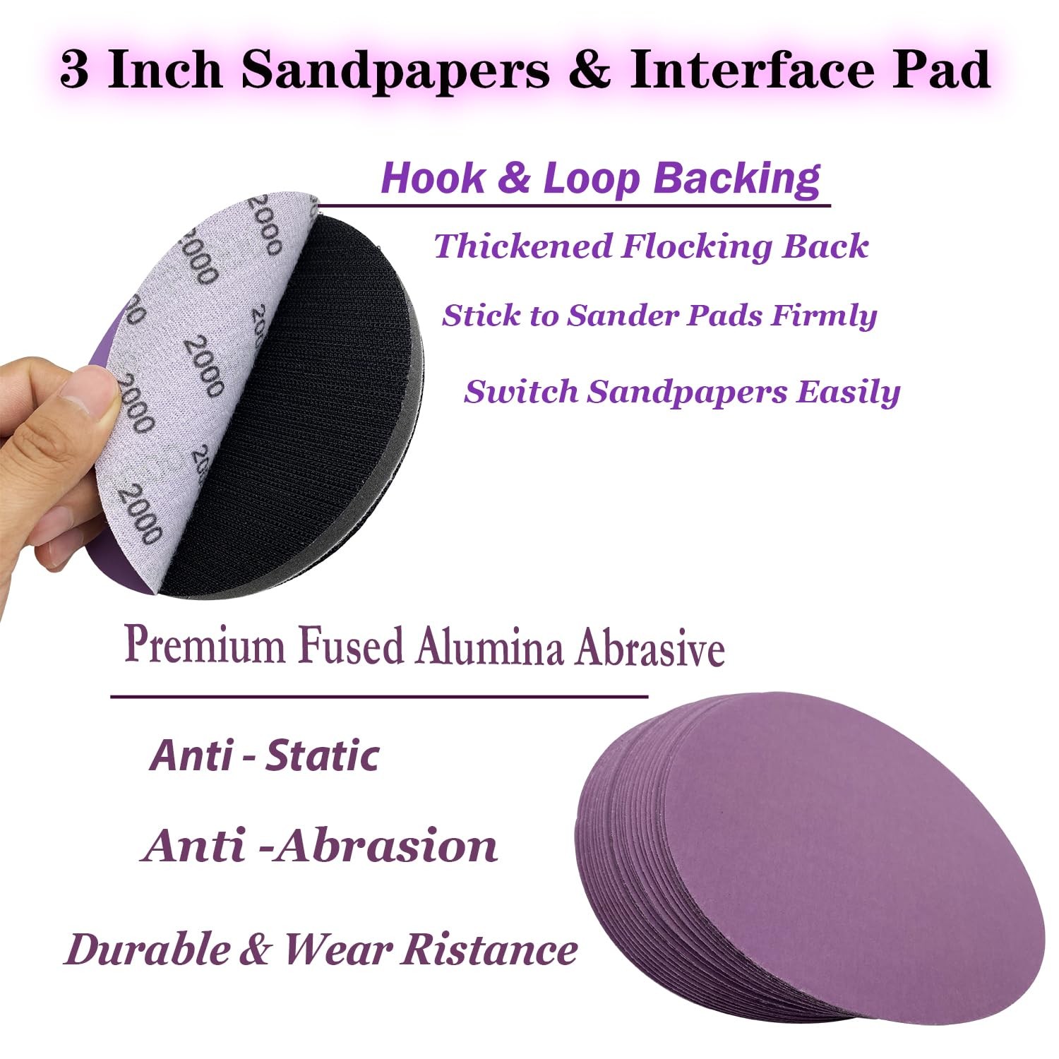 3 Inch 600 Grit Wet Dry Sandpaper, 50pcs Sanding Disc, 3 x 3 inches, Purple