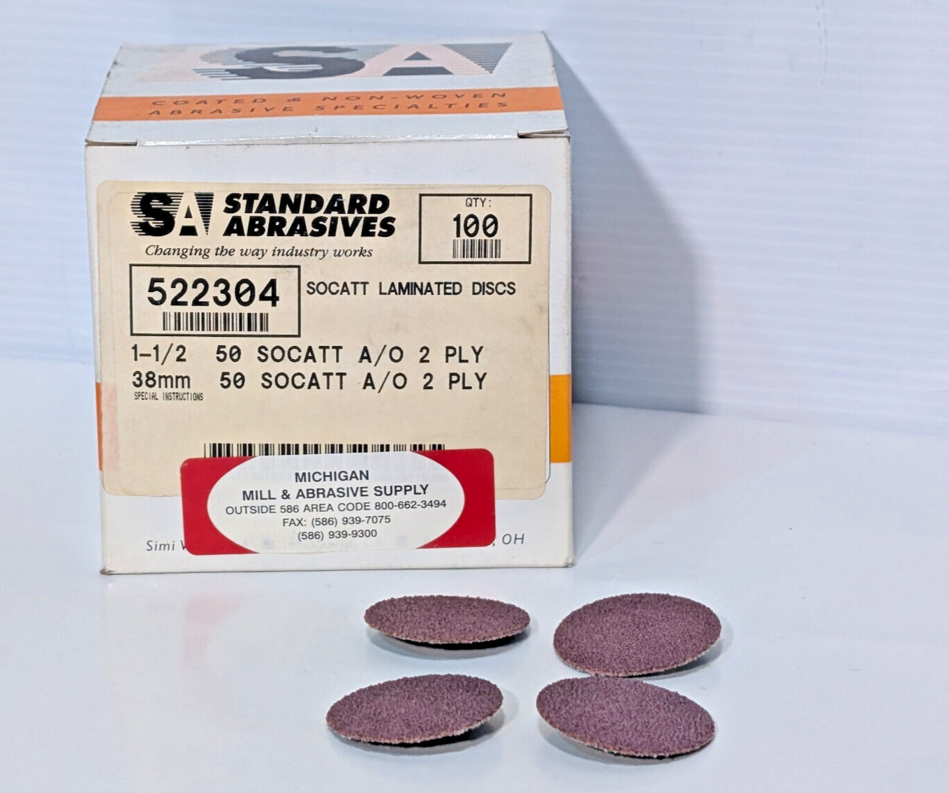 Standard Abrasives 522304 SOCATT Laminated Discs 1-1/2″, 50AO, 2 Ply, 100 Count