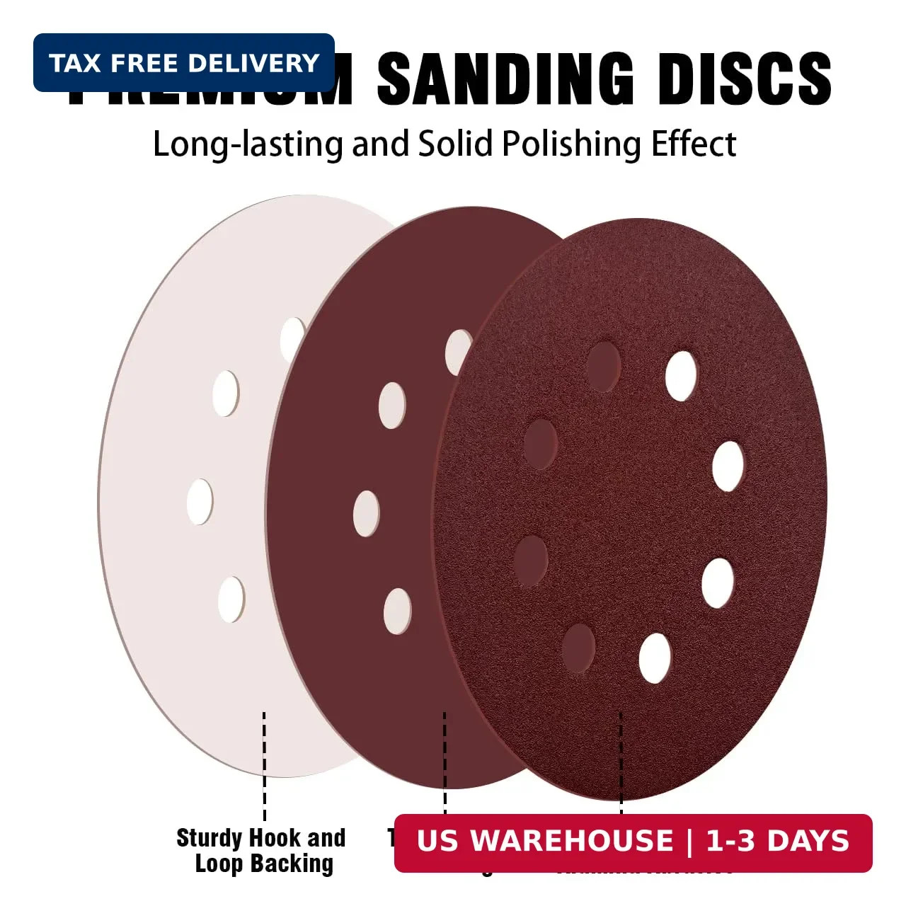 52 Pack 5 Inch 8-Hole Hook and Loop Sanding Discs Sandpaper Red Round 60 80 120