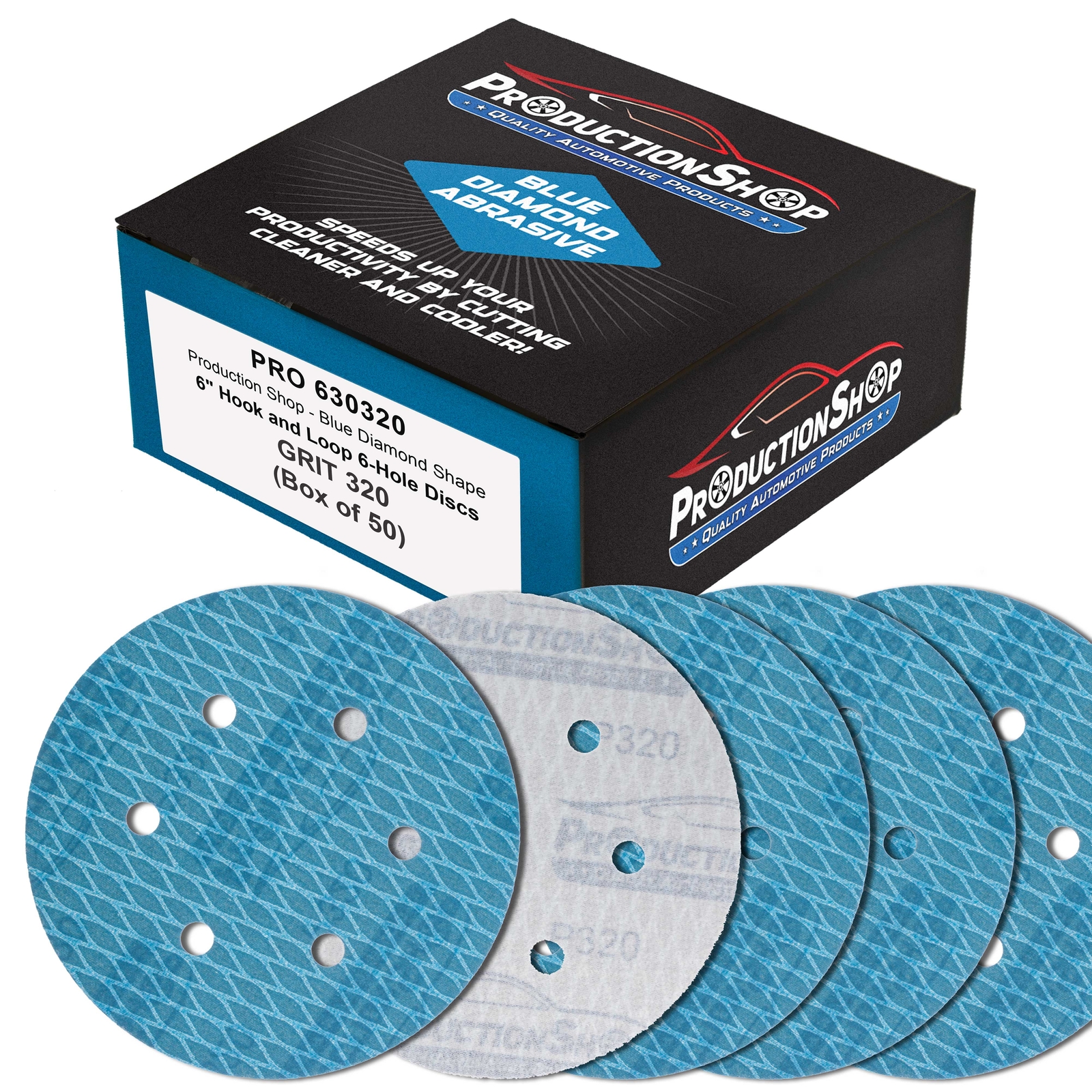 320 Grit 6″ Diamond Shape Sanding Discs, 6-Hole, Box of 50 Hook & Loop Sandpaper