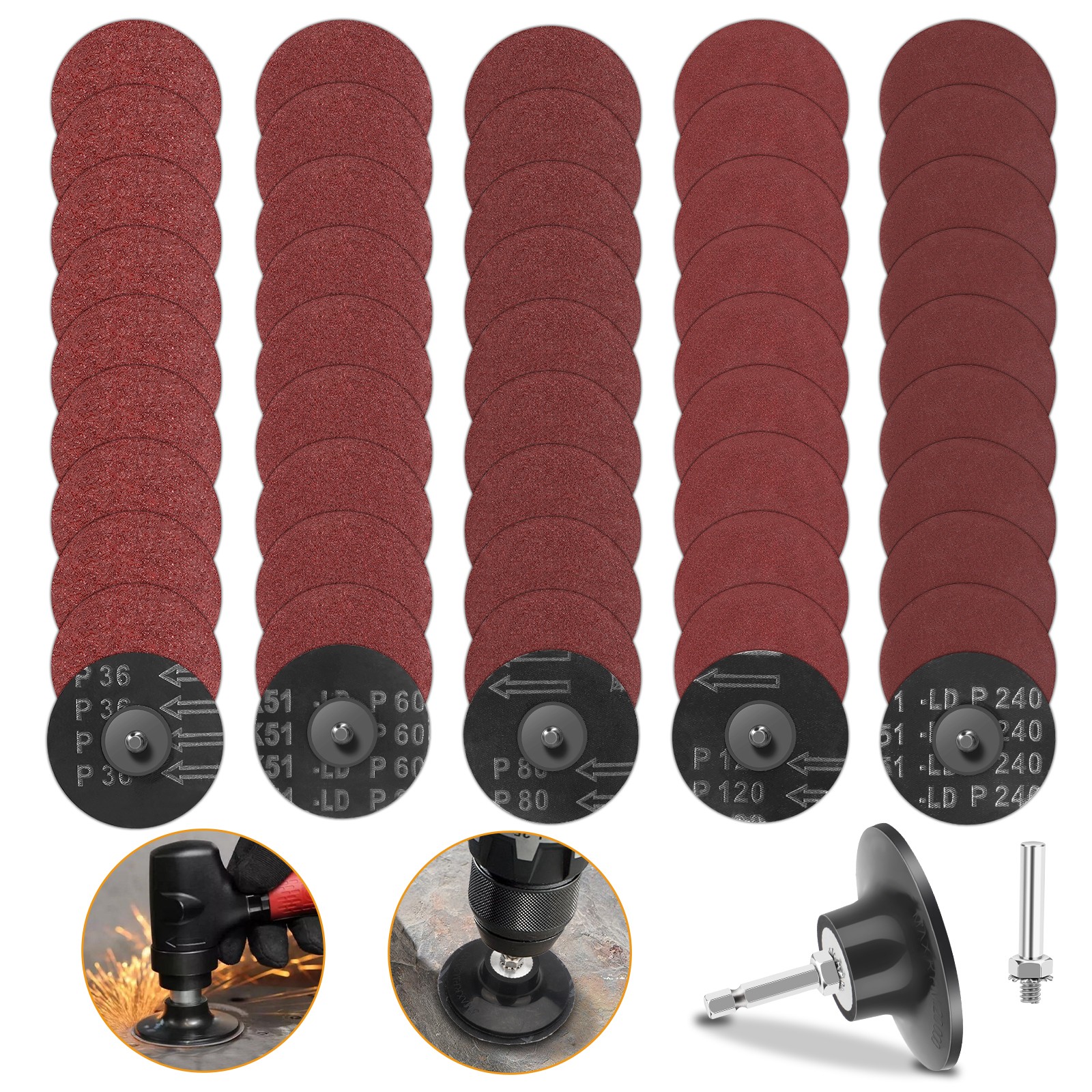 53x 3″ Sanding Disc Roll Lock Quick Change Disc 36/60/80/120/240 Grit 1/4″ Shank