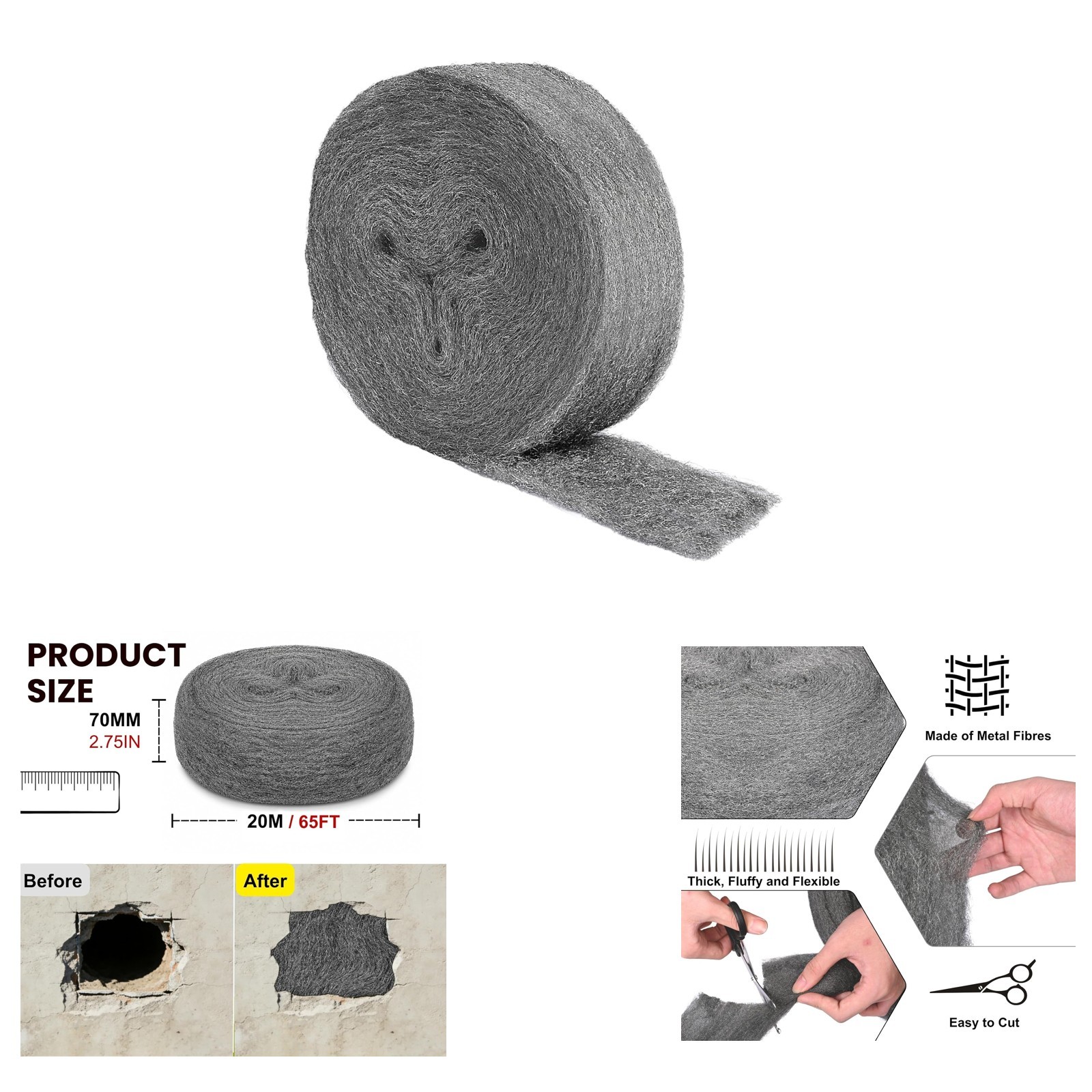 Steel Wool Roll 65ft for Mice Control Filling Holes Rust Removal Polishing and