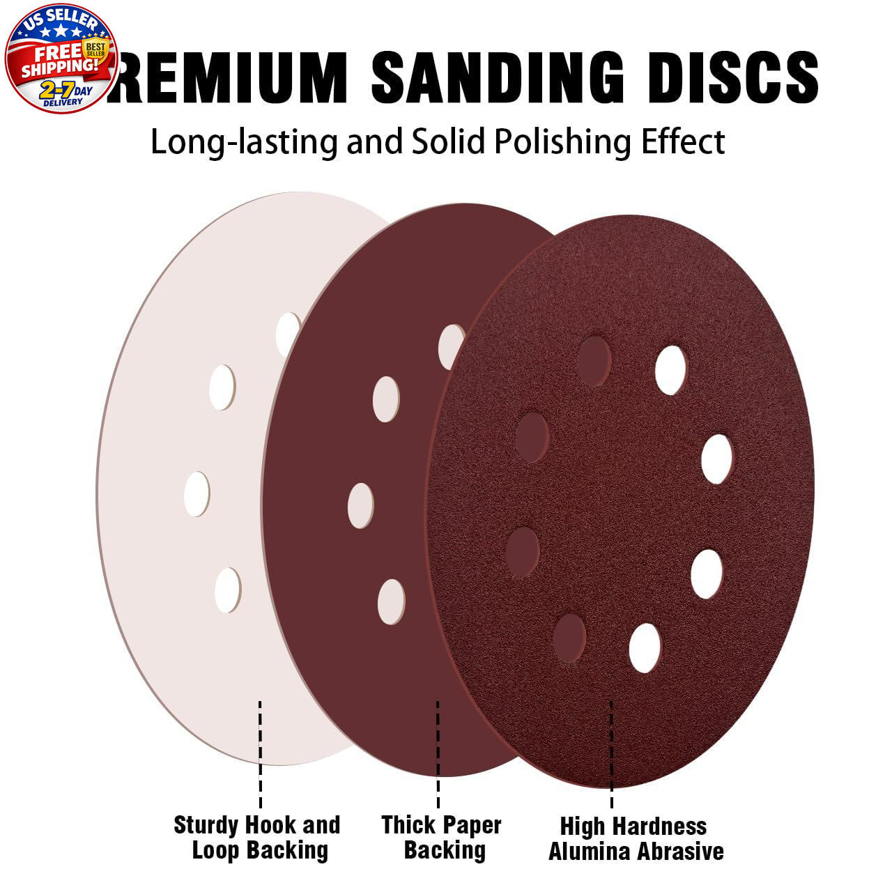 52 Pack 5 Inch 8-Hole Hook and Loop Sanding Discs Sandpaper Red Round 60 80 120