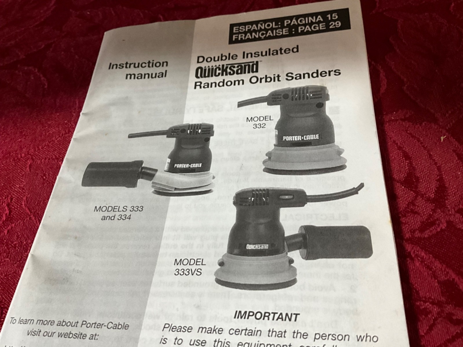 Porter Cable Quicksand Random Orbit Sanders Instruction Manual 332, 333, 334 GUC