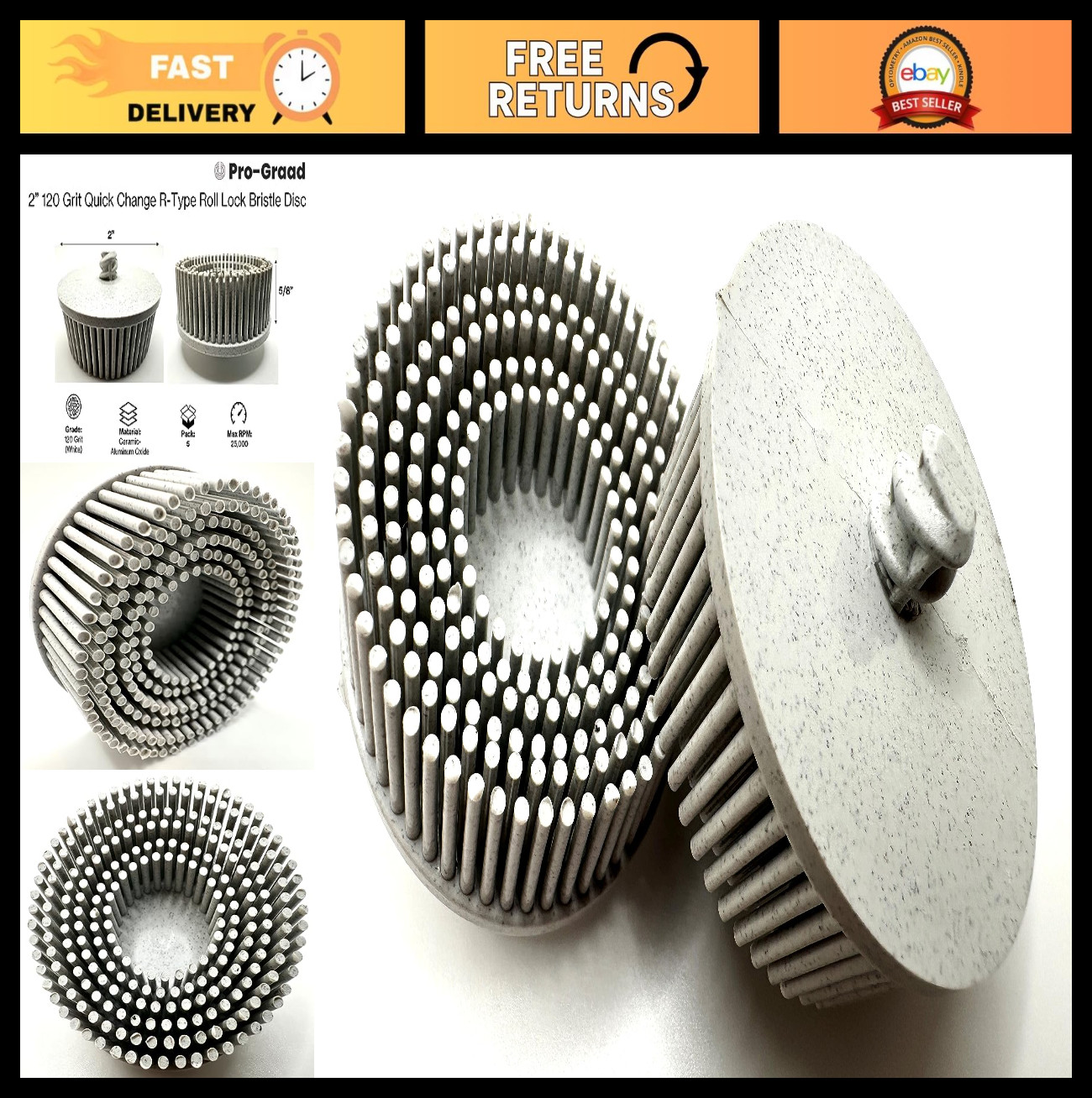 5 Pack 2″ 120 Grit Bristle Discs | Ceramic-Aluminum Oxide Quick Change | Roloc C