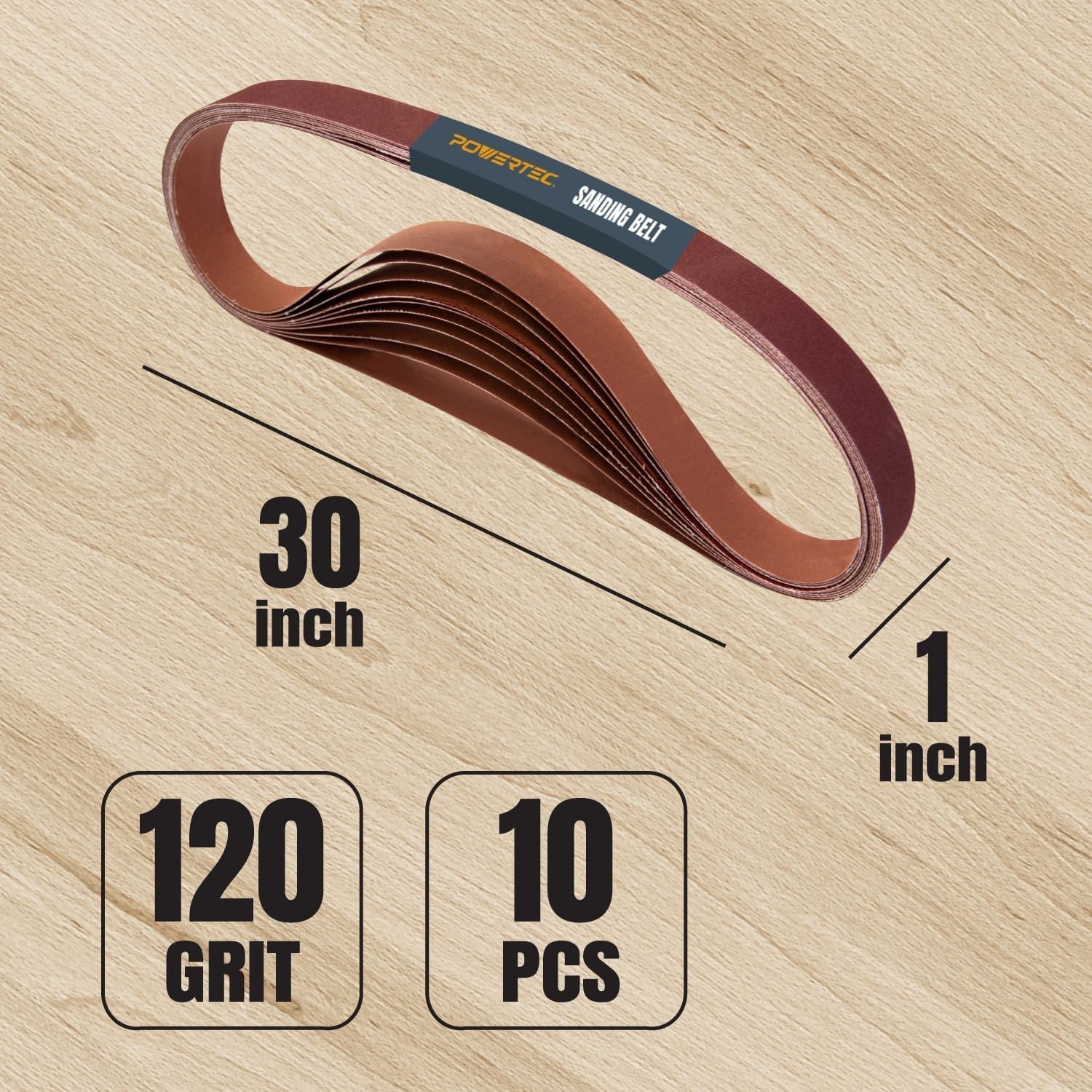 POWERTEC 1 x 30″ Sanding Belt 120 Grit 10pcs Aluminum Oxide Sandpaper Belts 10PK