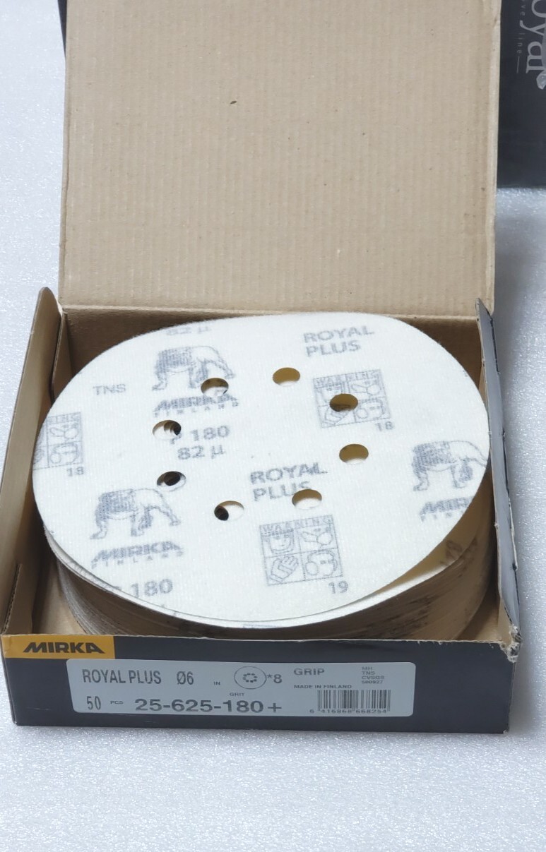 50pcs Mirka Royal Plus 25-625-180 6″ 8 Hole 180 Grit Hook and Loop Sanding Discs