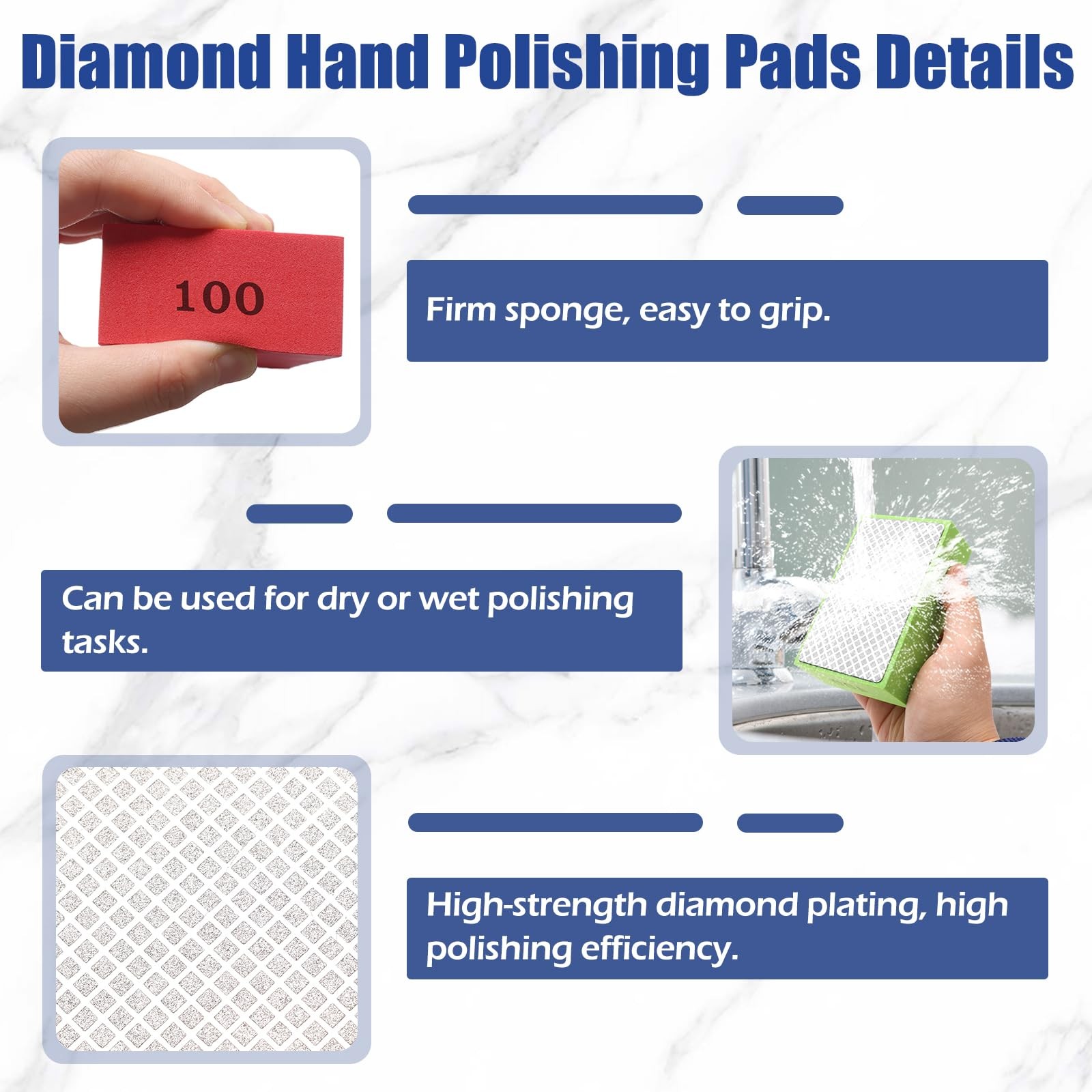 6 Pack Diamond Hand Polishing Pads Sanding Blocks for Glass Wood Ceramic Marble