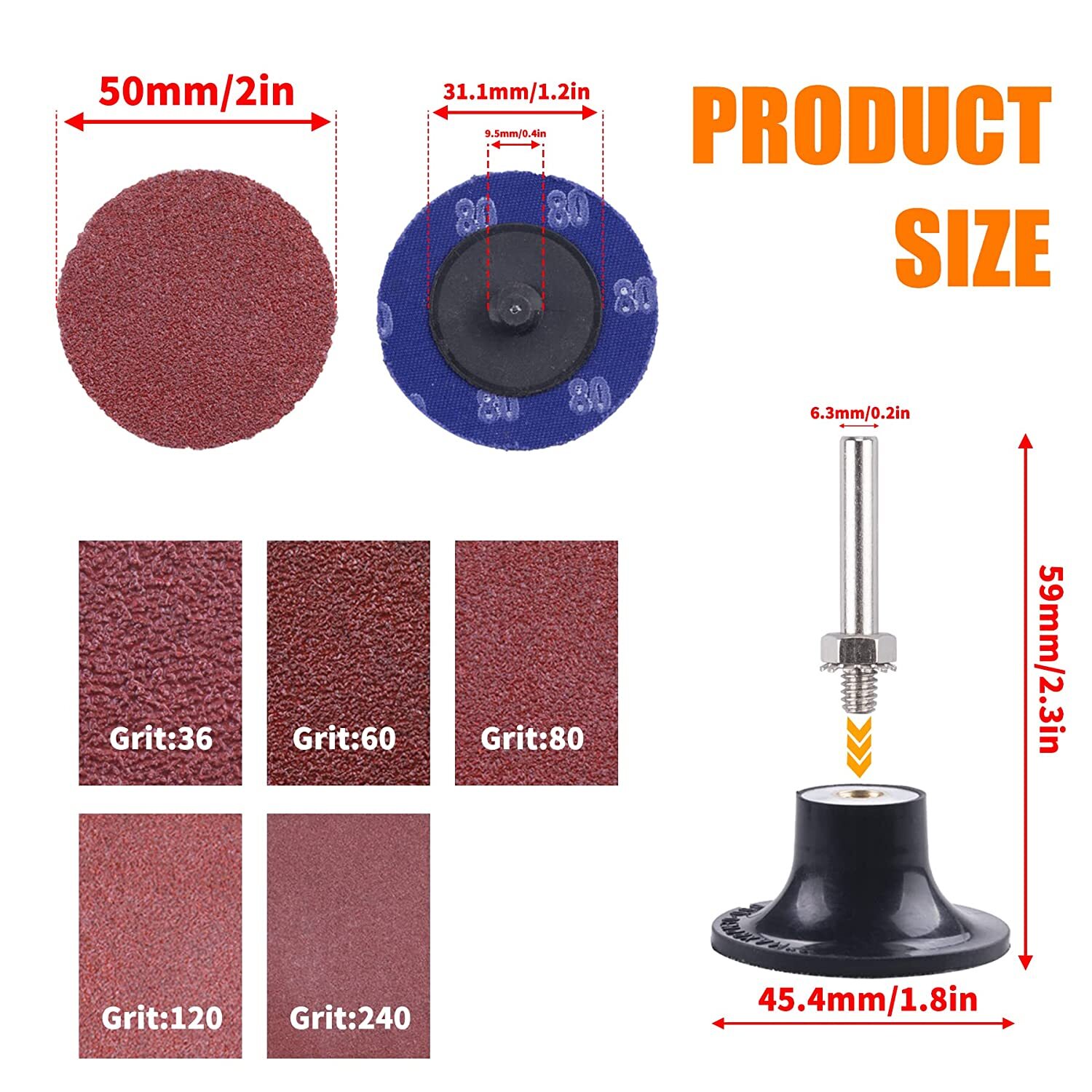 51PCS 2 inch Roll Lock Twist Sanding Discs 36 60 80 120 240 Grit W/ 1/4″ Holder